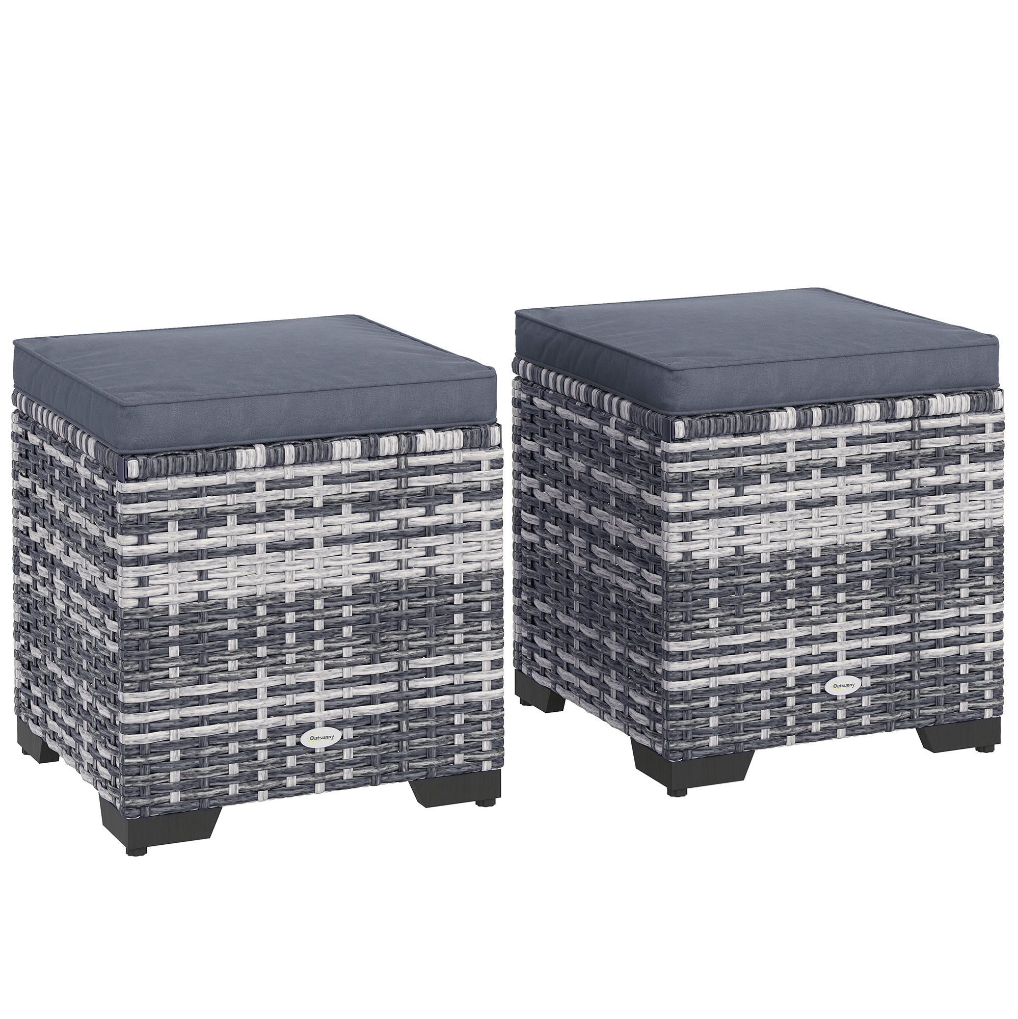 Outsunny Set of 2 Rattan Storage Ottoman, Outdoor Footstool with Removable Cushions, Garden Storage Seat for Balcony, Poolside, Living Room, Dark Grey - North Peak Garden Furniture