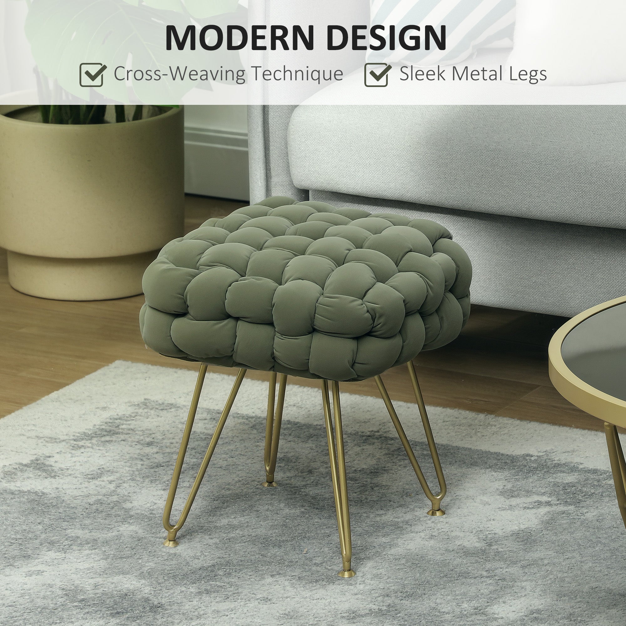 HOMCOM Velvet-Feel Bold Woven Footstool - Green - North Peak Garden Furniture