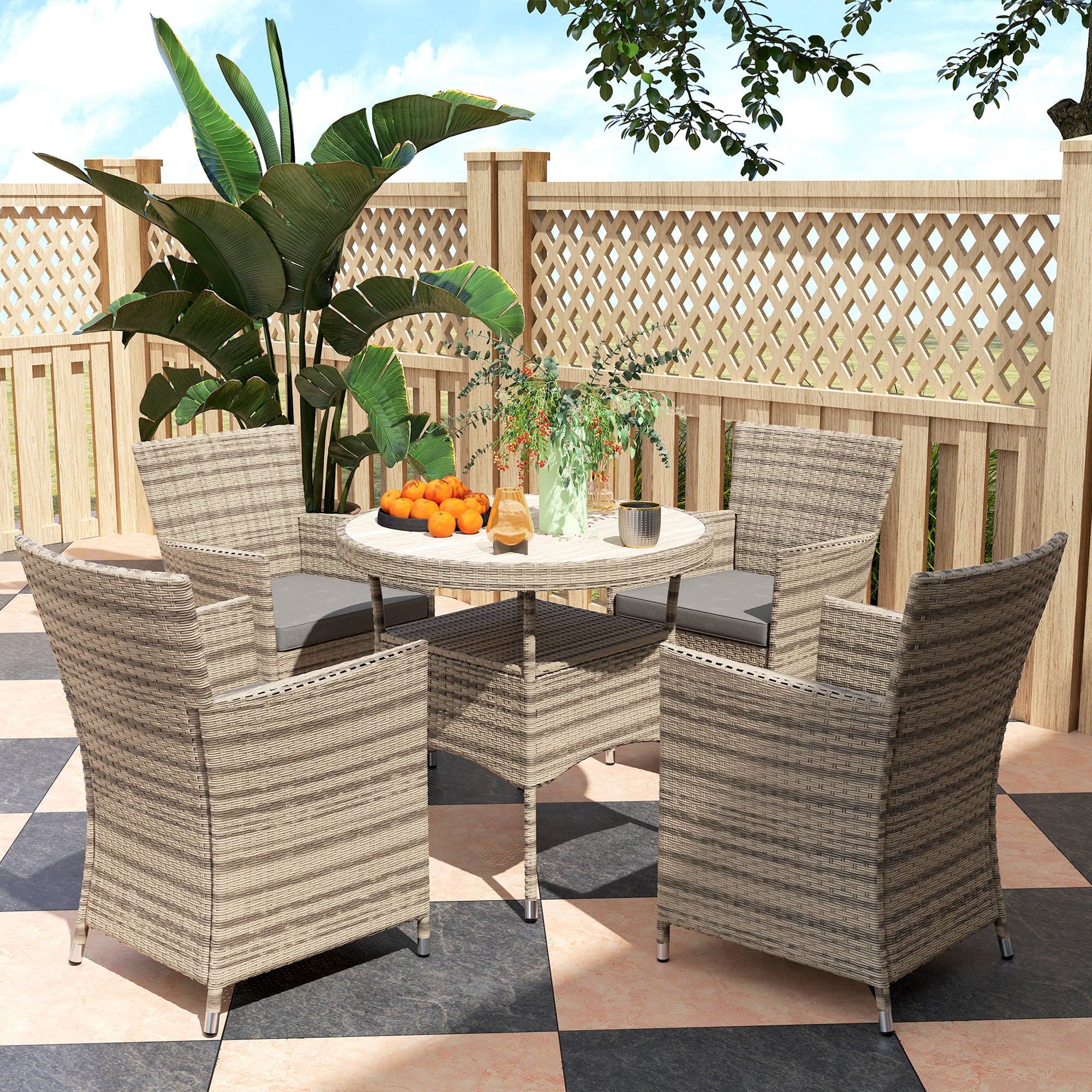 Outsunny Five-Piece Rattan Garden Set, with Two-Tier Table - Grey - North Peak Garden Furniture