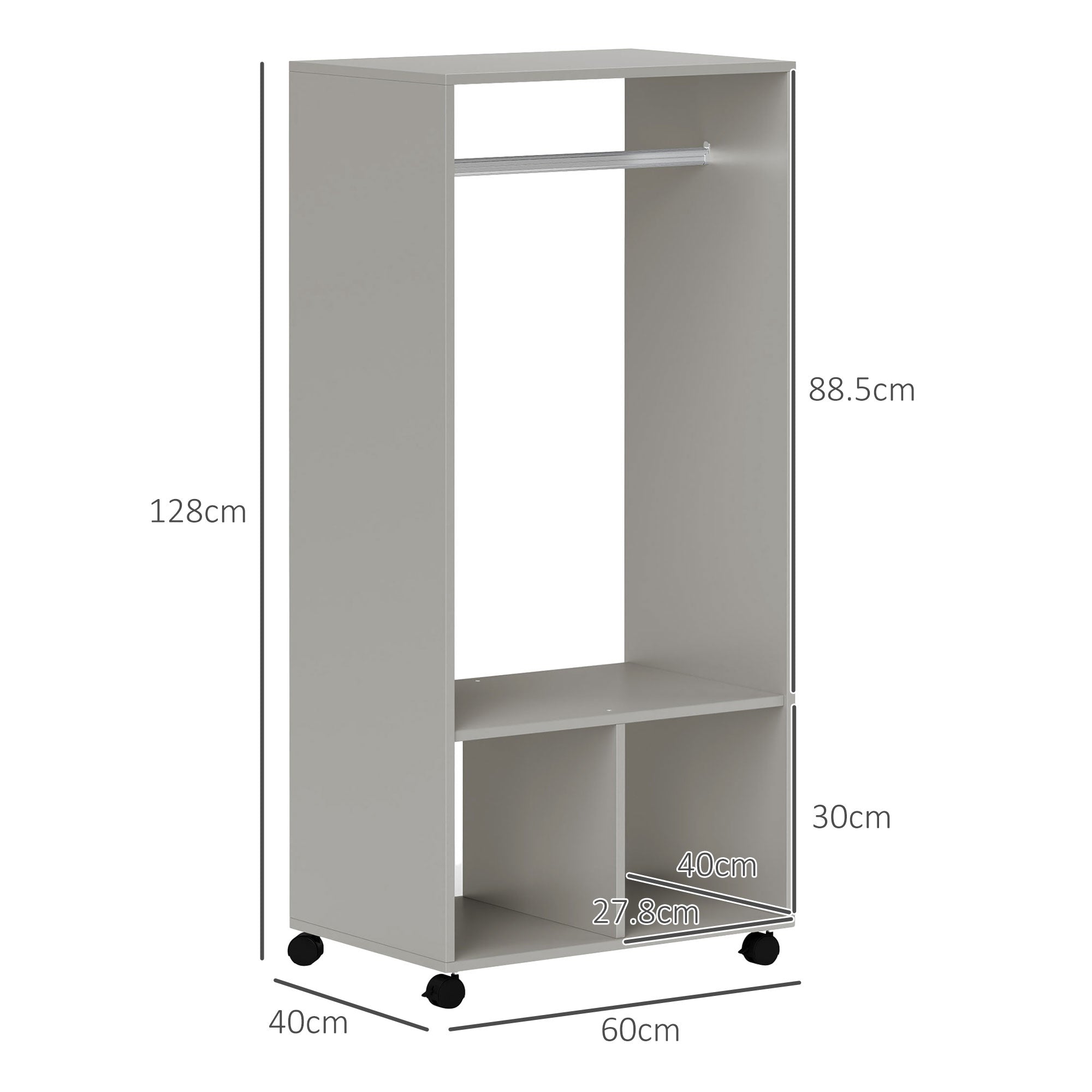 HOMCOM Open Wardrobe for Bedroom, Small Wardrobe on Wheels with Clothes Rail, Storage Shelves, Mobile Garment Rack for Clothes Storage, Cloakroom, Hallway, Grey - North Peak Garden Furniture