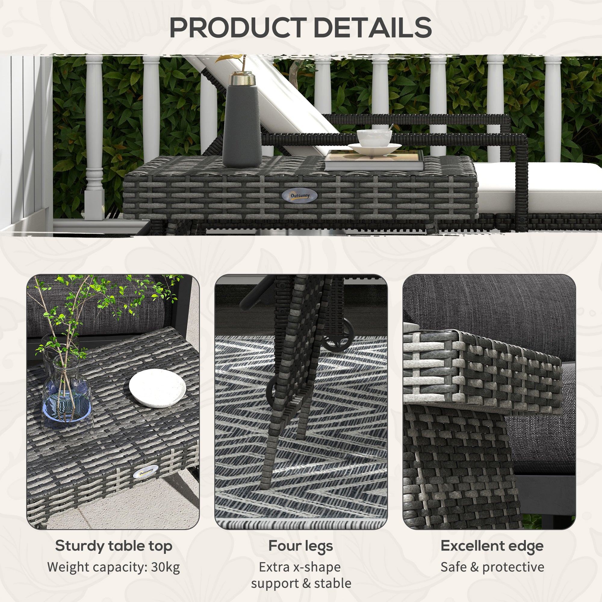 Outsunny Foldable Outdoor Coffee Table, Metal Frame Rattan Side Table, Coffee Table Side Table for Lawn, Garden, Mixed Grey - North Peak Garden Furniture