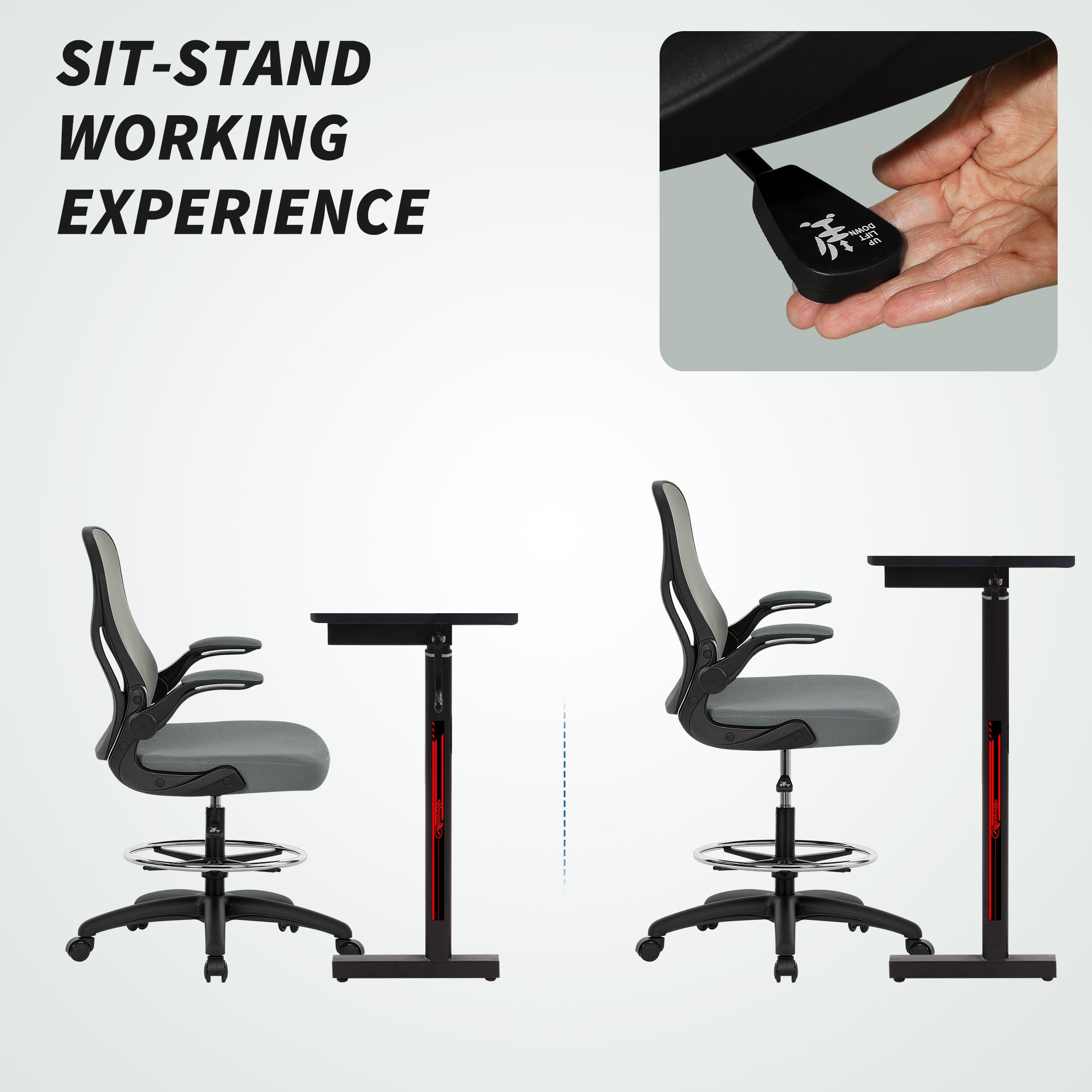 Vinsetto Draughtsman Chair with Flip-up Armrests, Mesh Standing Desk Chair with Lumbar Support and Adjustable Foot Ring for Bar Counter, Charcoal Grey