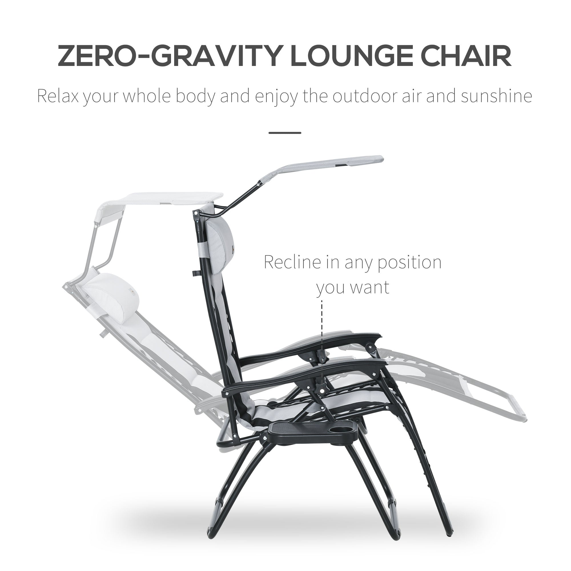 Outsunny Zero Gravity Lounger Chair, Folding Reclining Patio Chair with Shade Cover, Cup Holder, Soft Cushion and Headrest for Poolside, Camping, Grey - North Peak Garden Furniture