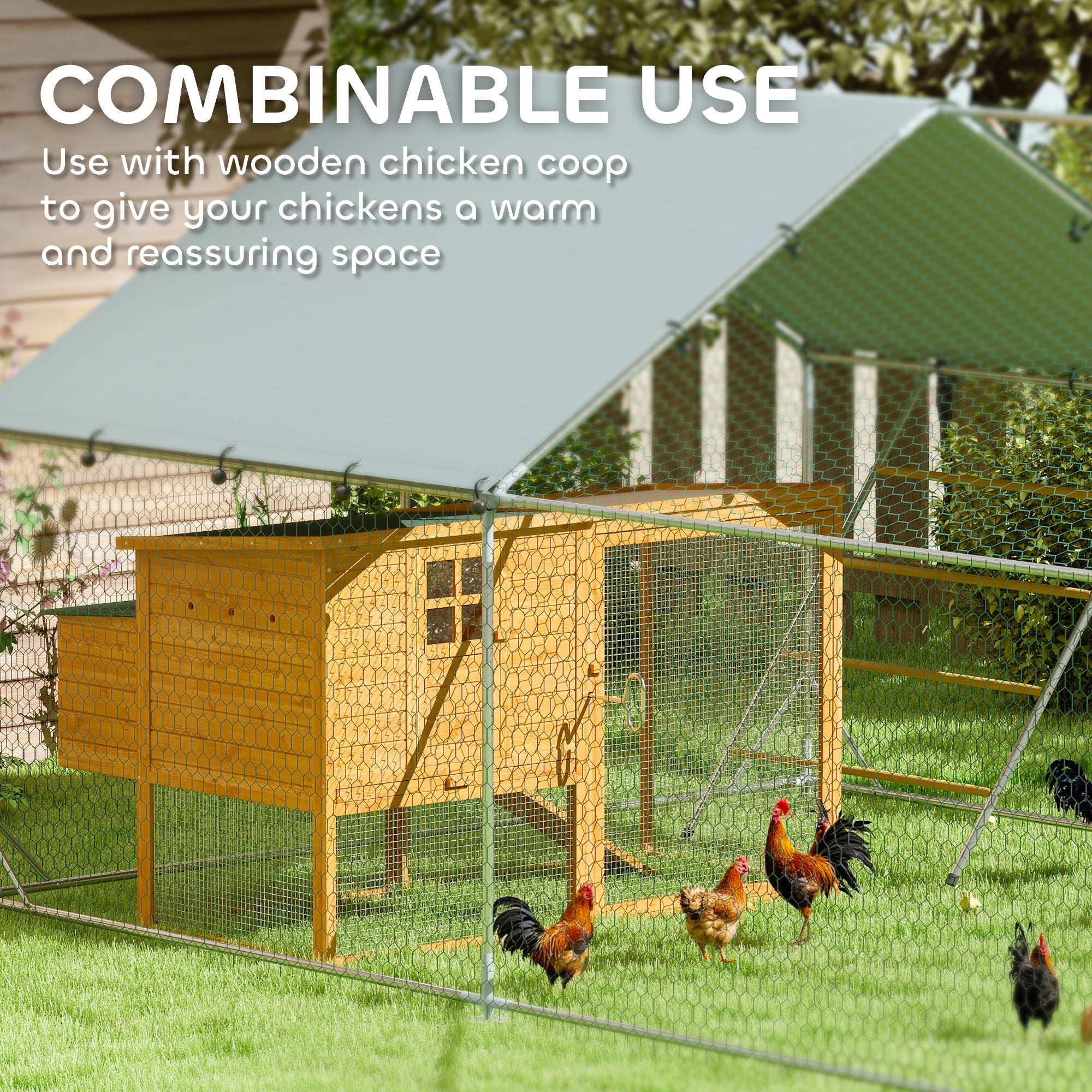 PawHut Walk in Chicken Run w/ Cover, Feeding Door, Hanging Feeder, Perch, for 12-18 Poultry