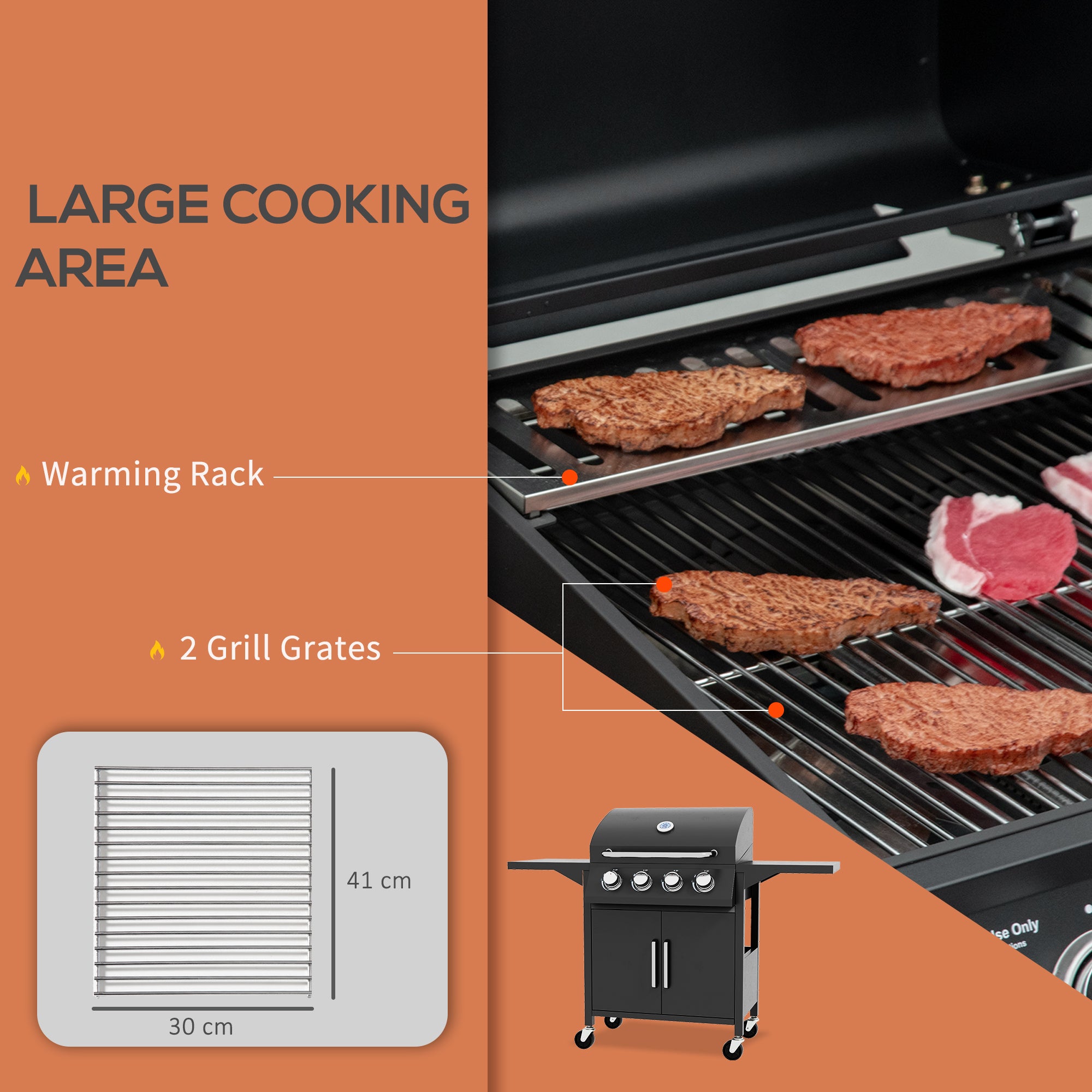 Outsunny 4 Burner Gas BBQ Grill Outdoor Portable Barbecue Trolley w/ Warming Rack, Side Shelves, Storage Cabinet, Thermometer - North Peak Garden Furniture