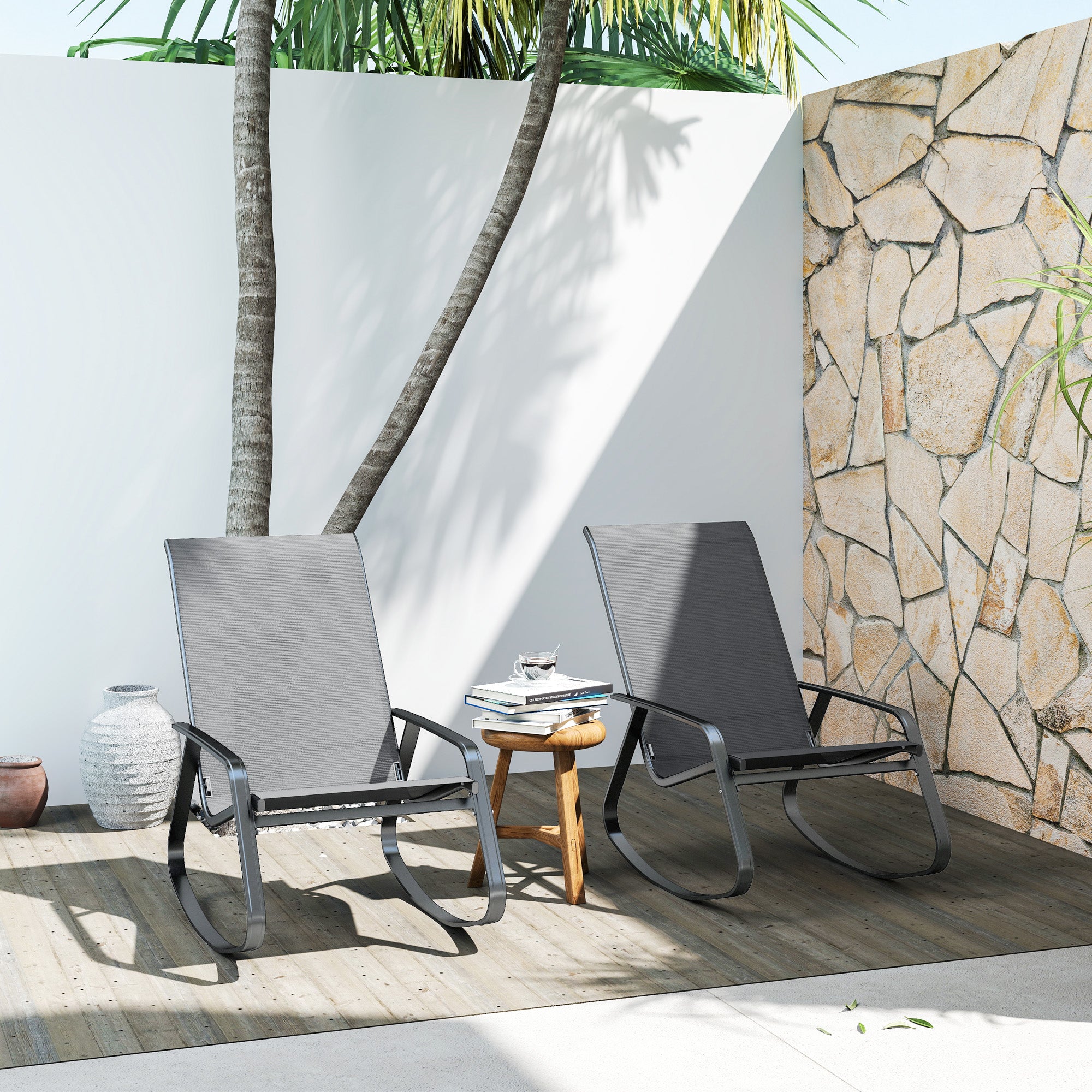 Outsunny Set of Two Rocking Garden Chairs - Grey - North Peak Garden Furniture