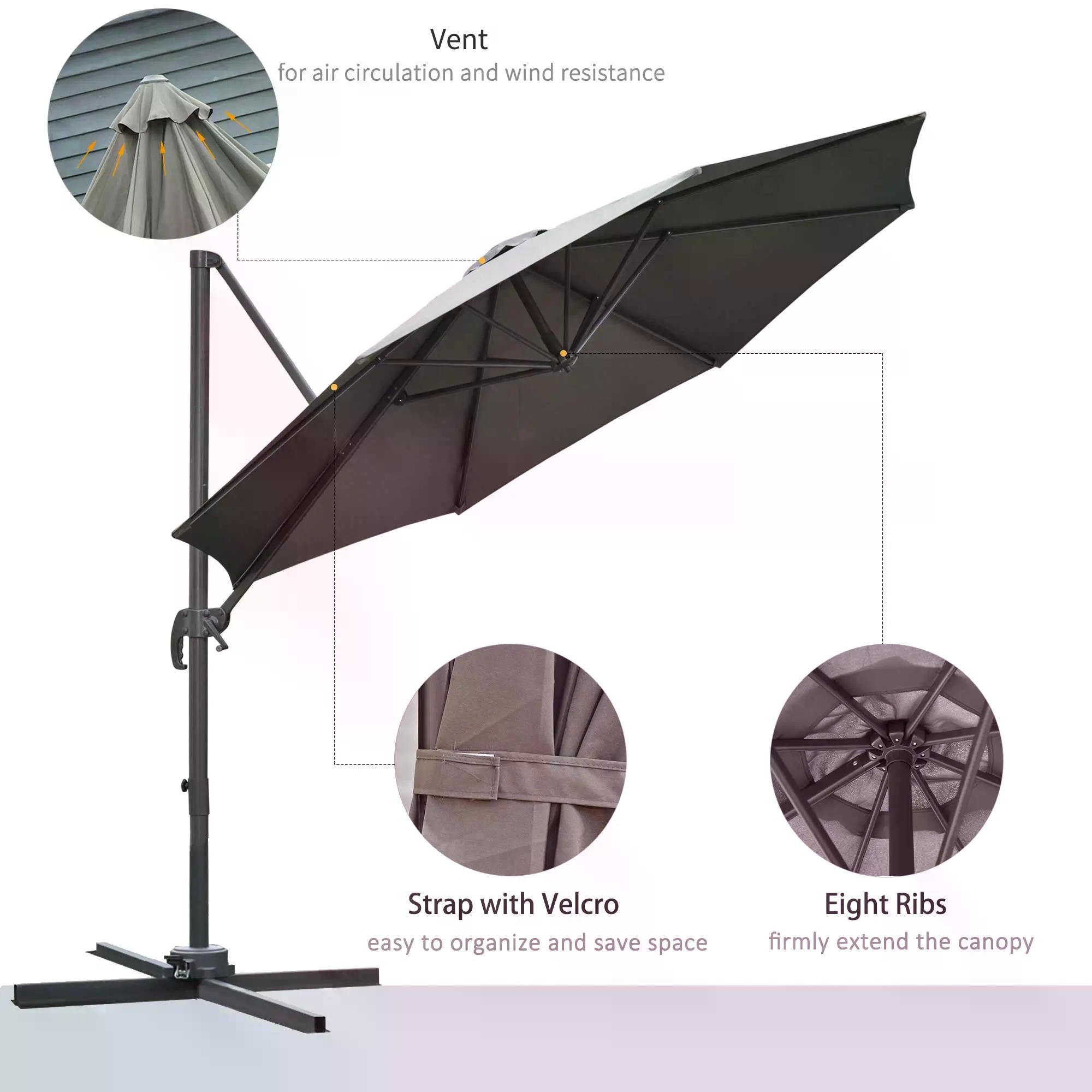 Outsunny 3(m) Offset Parasol Cantilever Hanging Umbrella 360° Rotation w/ Base Dark Grey