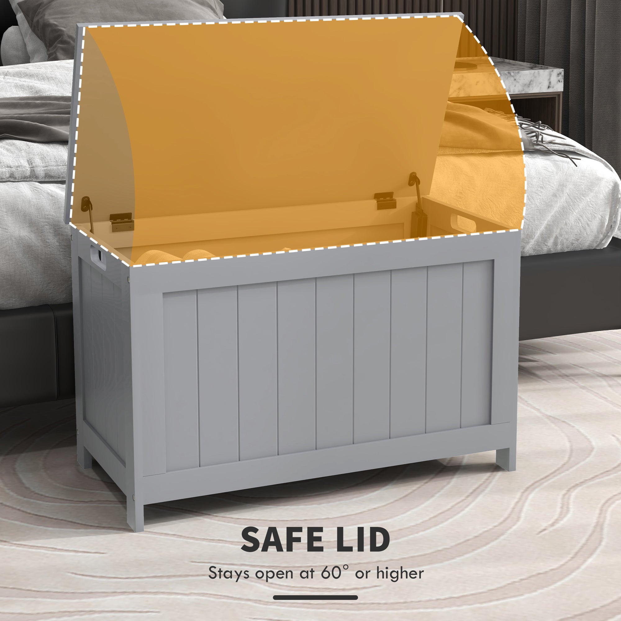 HOMCOM Storage Chest, Modern Storage Trunk with 2 Safety Hinges and Cut-out Handles, Wooden Toy Box for Living Room, Entryway, 76 x 40 x 48 cm, Grey - North Peak Garden Furniture
