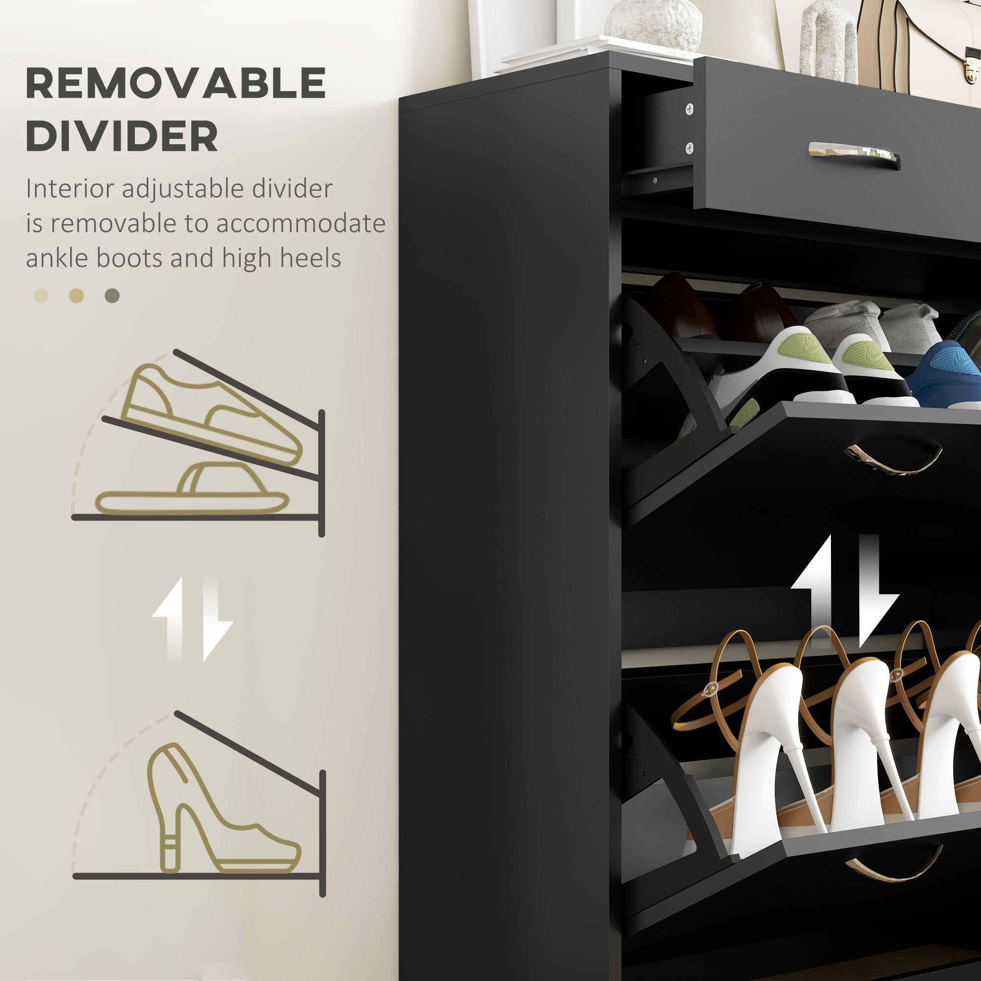 HOMCOM Narrow Shoe Storage with 2 Flip Drawers and Adjustable Shelves Shoe Cabinet Organizer for 12 Pairs of Shoes, Black - North Peak Garden Furniture