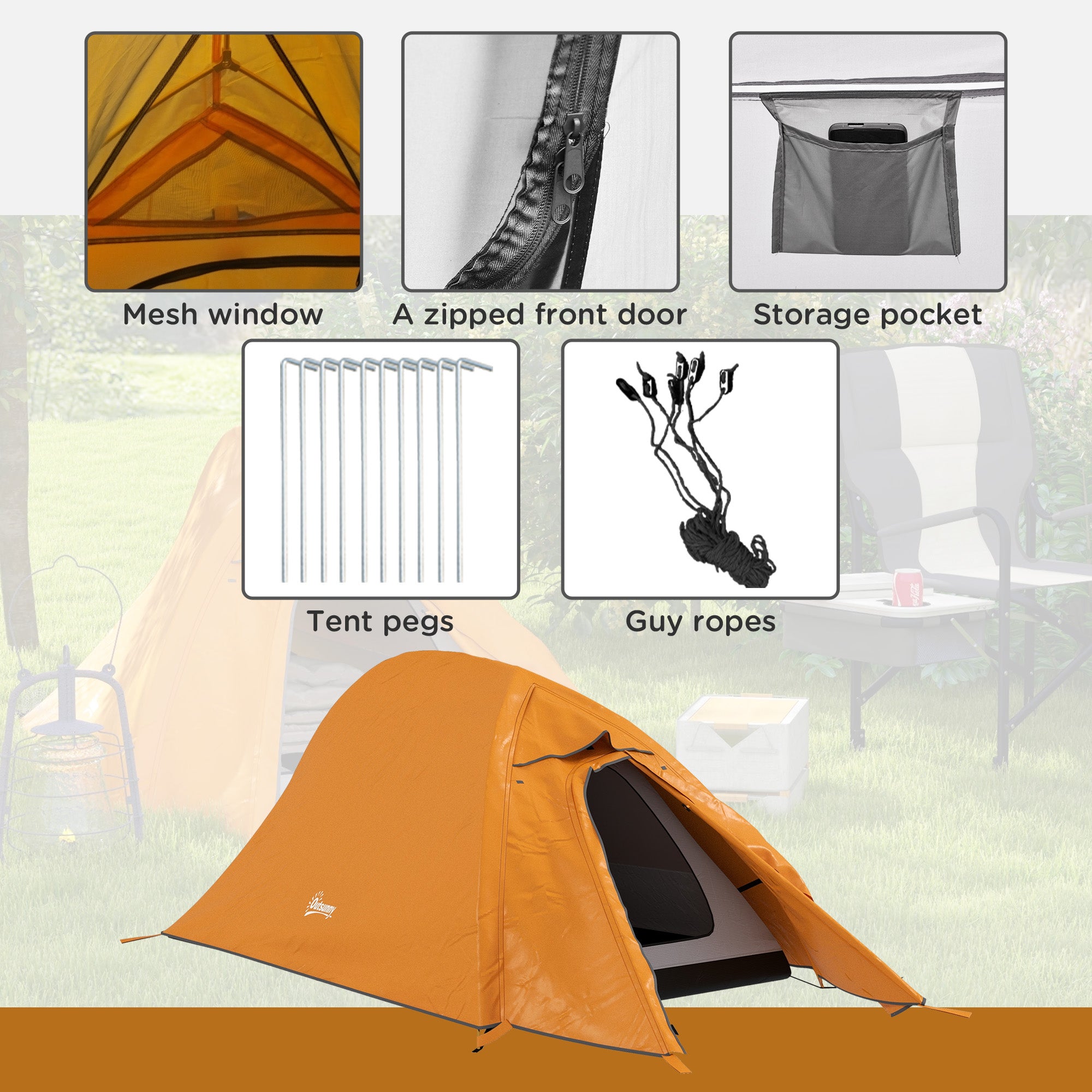 Outsunny Double Layer Camping Tent, 1-2 Man Backpacking Tent with Carry Bag, 2000mm Waterproof and Lightweight, Orange - North Peak Garden Furniture