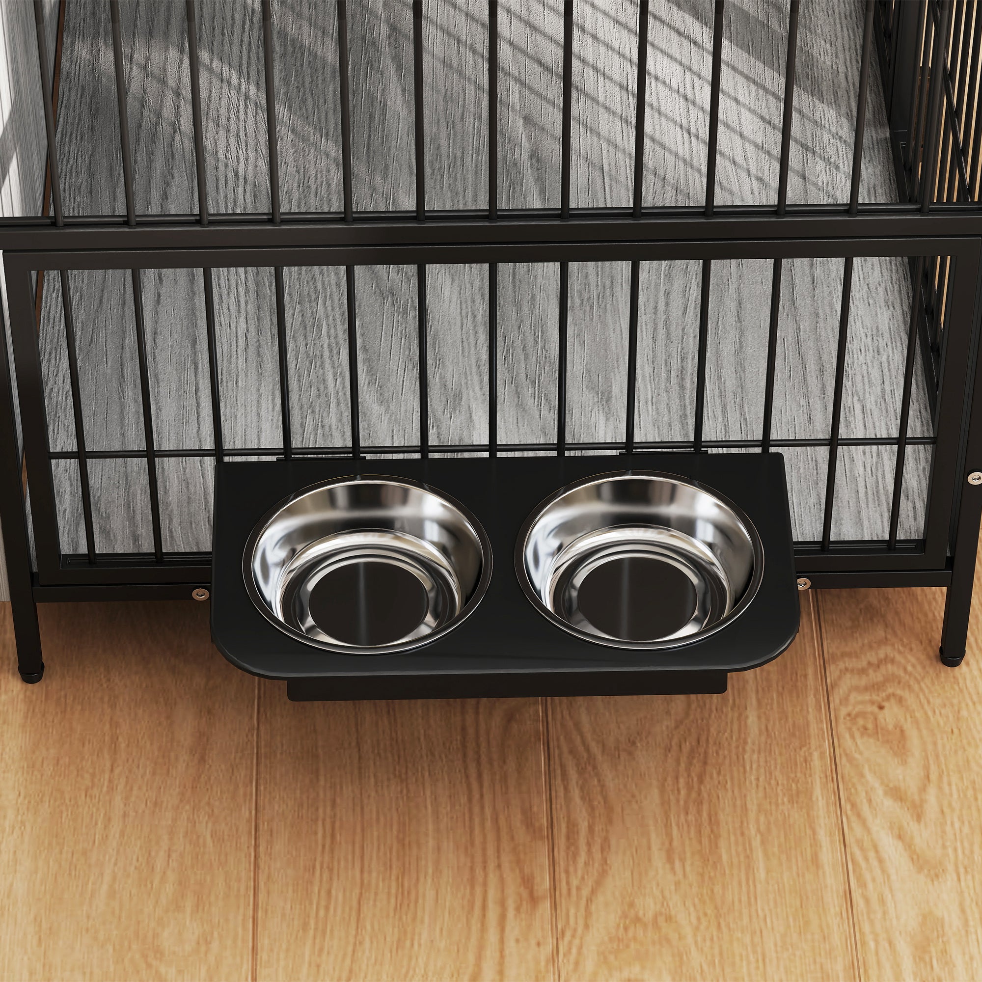 PawHut Dog Crate Furniture with Rotating Bowl Holder, 2 Bowls, 2 Doors, for Medium Dogs, 80 x 56 x 76.5 cm, Grey - North Peak Garden Furniture