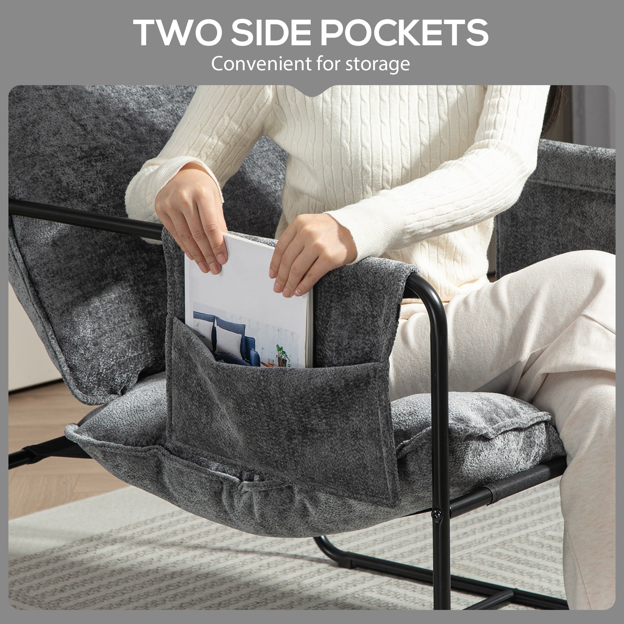 HOMCOM Minimal Padded Accent Chair, with Pockets - Grey - North Peak Garden Furniture