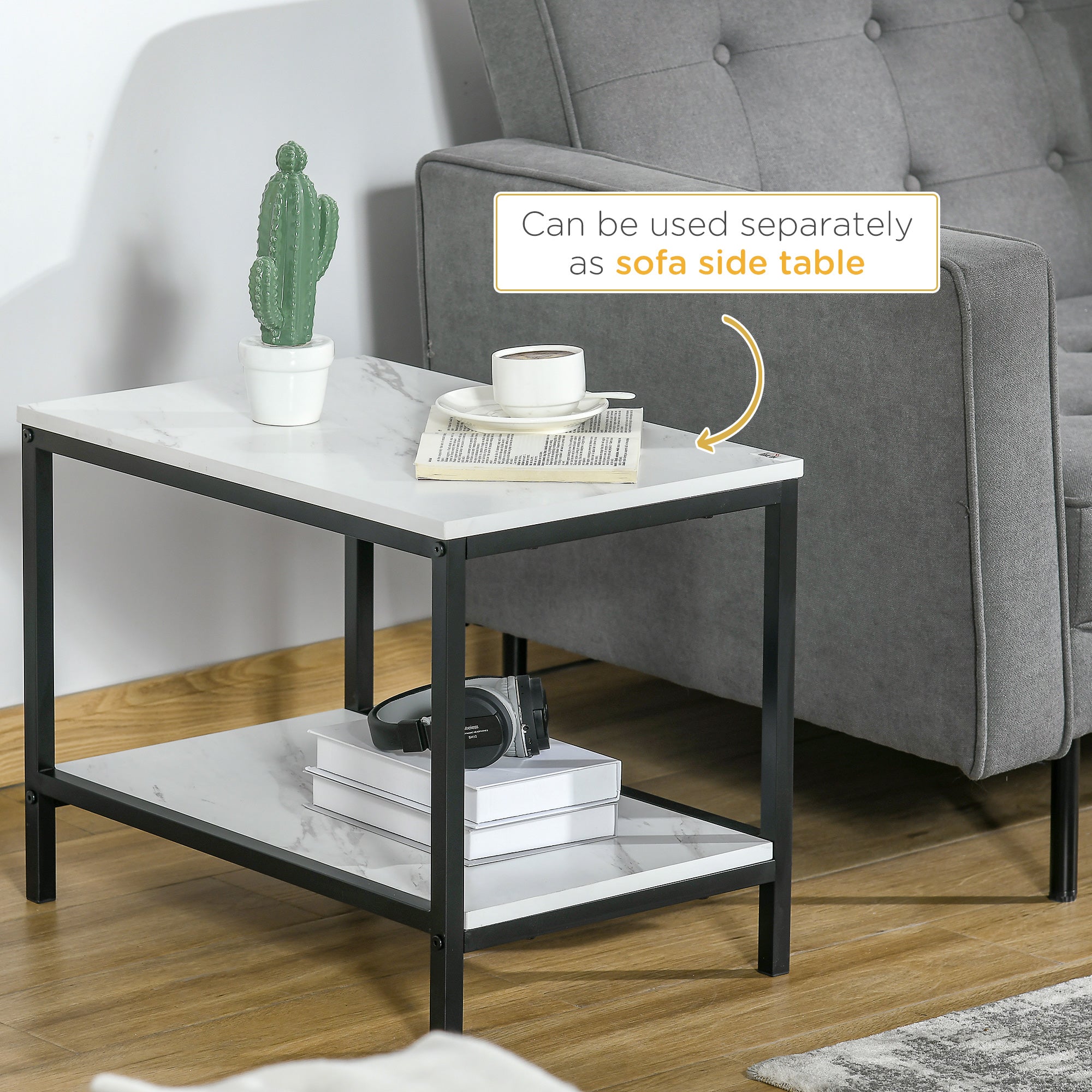 HOMCOM Modern Coffee Table Set of Two, Marble-Effect Nesting Side Tables with Steel Frame for Living Room, White, Black - North Peak Garden Furniture