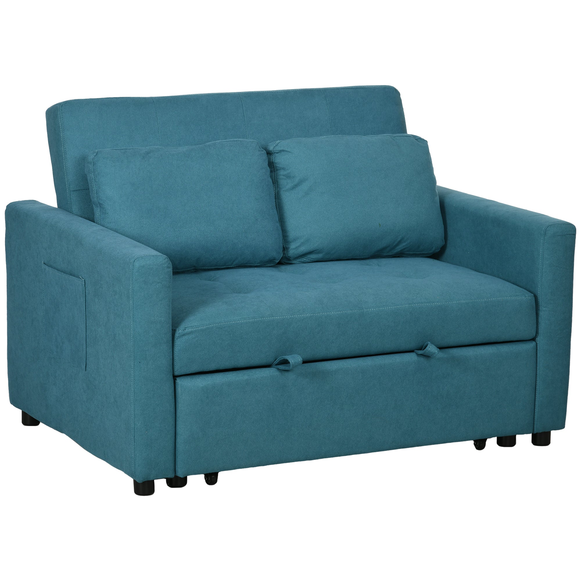 HOMCOM Loveseat Sofa Bed, Convertible Bed Settee with 2 Cushions, Side Pockets for Living Room, Blue - North Peak Garden Furniture