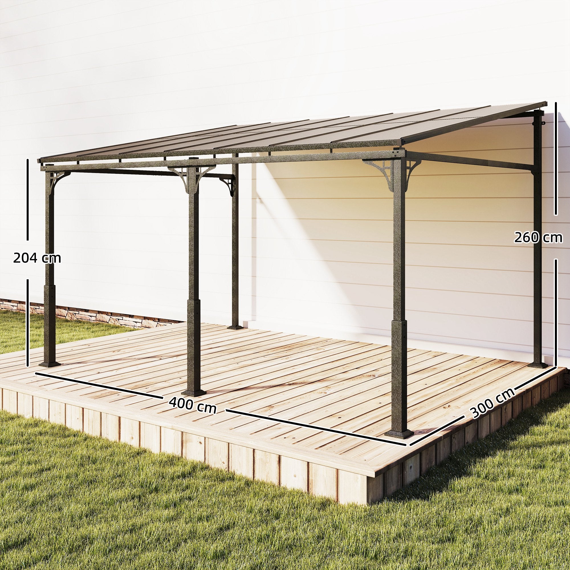 Outsunny 4 x 3 m Metal Lean-to Pergola, Wall-Mounted Garden Pergola with Polycarbonate Roof and Metal-Aluminium Frame, Heavy Duty Hardtop Gazebo for Outdoor Patios, BBQ, Brown