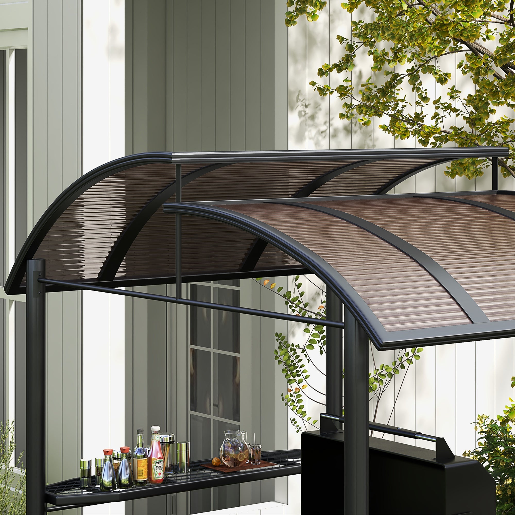 Outsunny 2.4 x 1.5m Outdoor Grill Gazebo with Side Shelves, PC Board Roof, Dark Grey - North Peak Garden Furniture