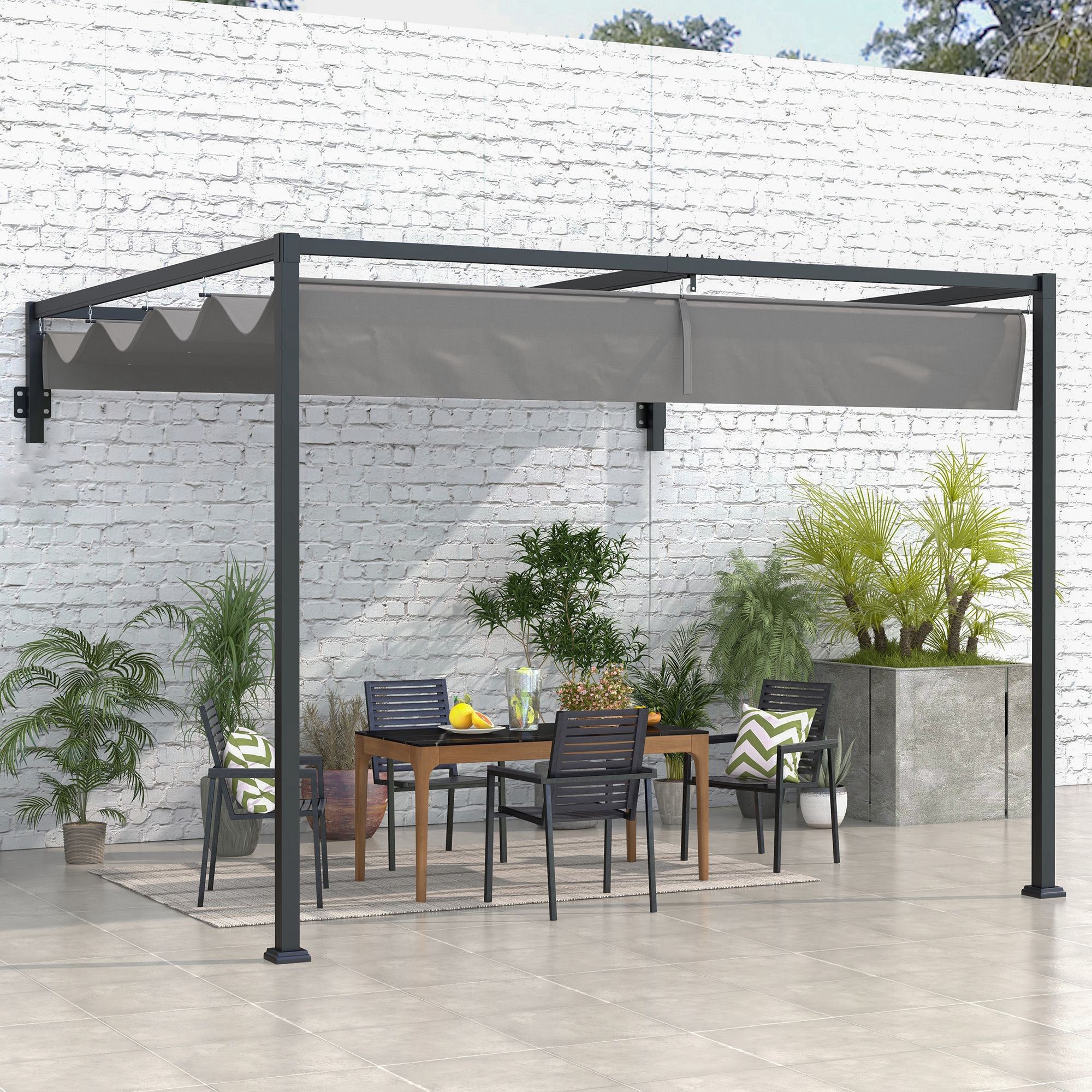 Outsunny 2 x 3(m) Lean To Pergola, Metal Pergola with Retractable Roof for Grill, Garden, Patio, Deck - North Peak Garden Furniture