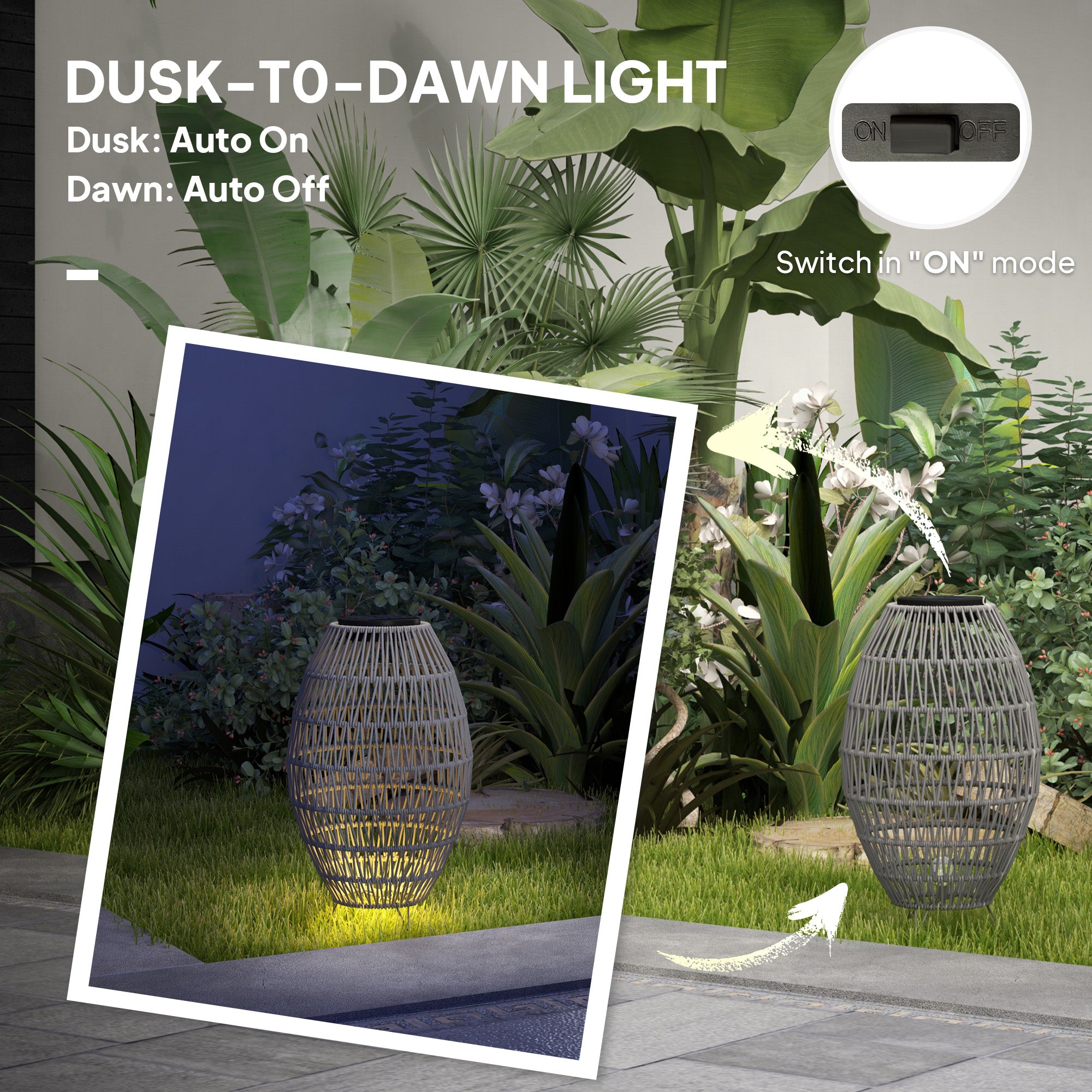 Outsunny Rattan Solar Lamp, Garden Solar Lantern with Auto On/Off Light, IP44 Waterproof, Decorative Outdoor Rattan Lamp for Porch, Pathway, Grey - North Peak Garden Furniture