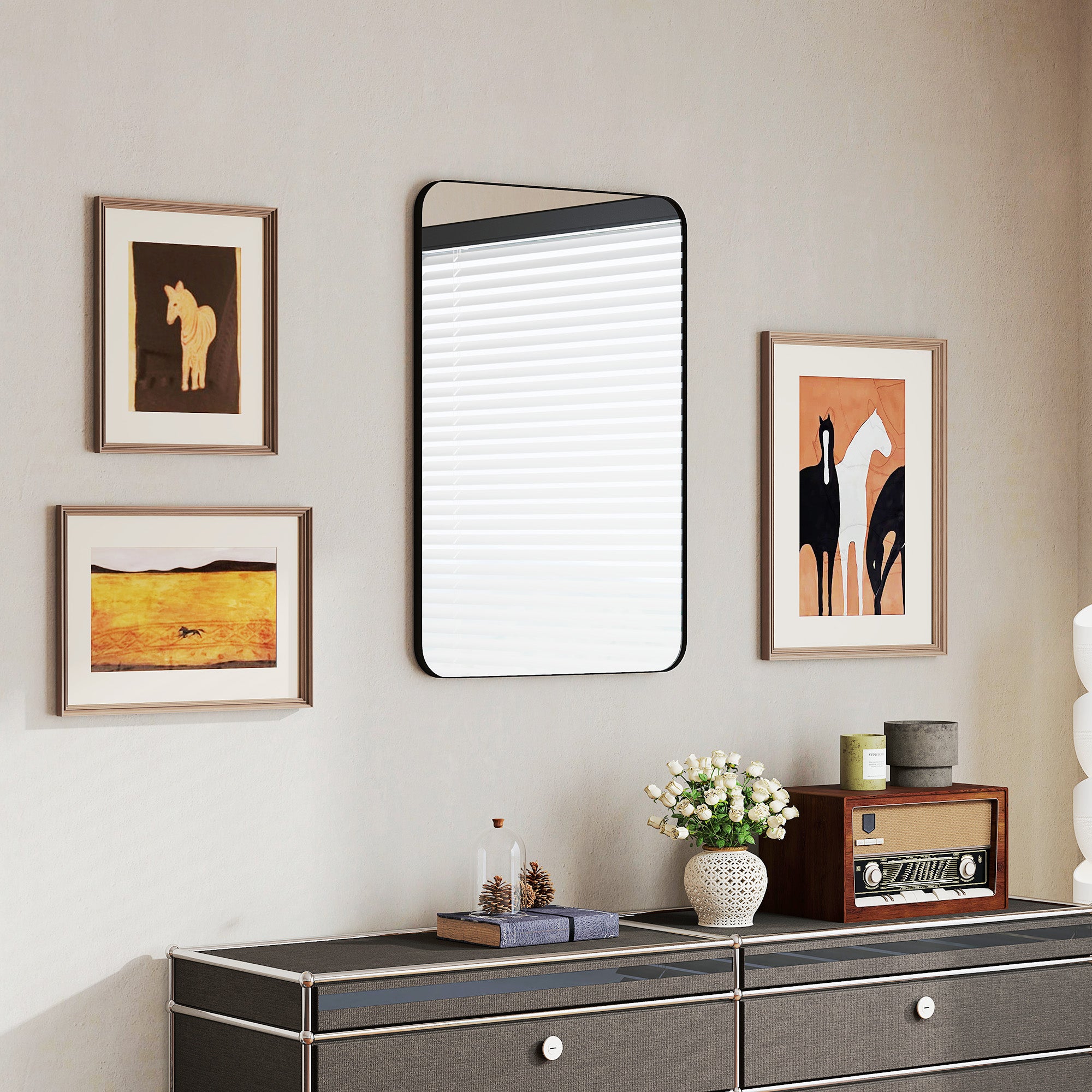 HOMCOM 90 x 60cm Curved Bathroom Mirror - Black - North Peak Garden Furniture