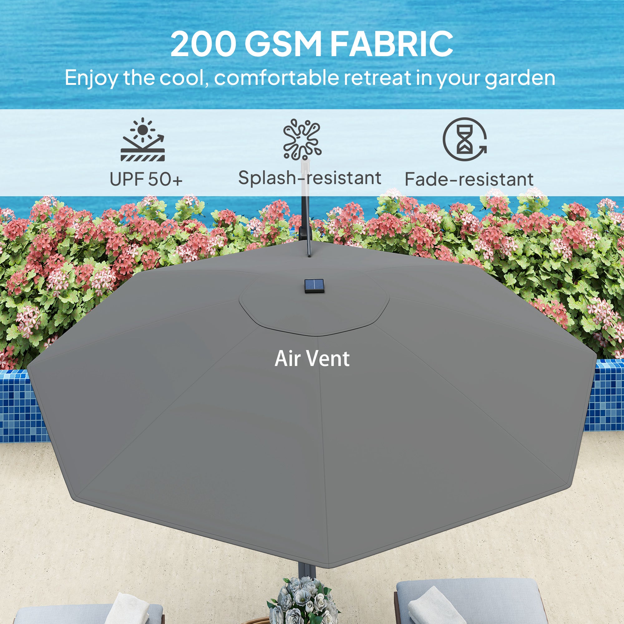Outsunny 3(m) Cantilever Garden Parasol with Solar Powered Lights, Crank Handle & Cross Base, UPF 50+, 360° Rotation, Dark Grey - North Peak Garden Furniture