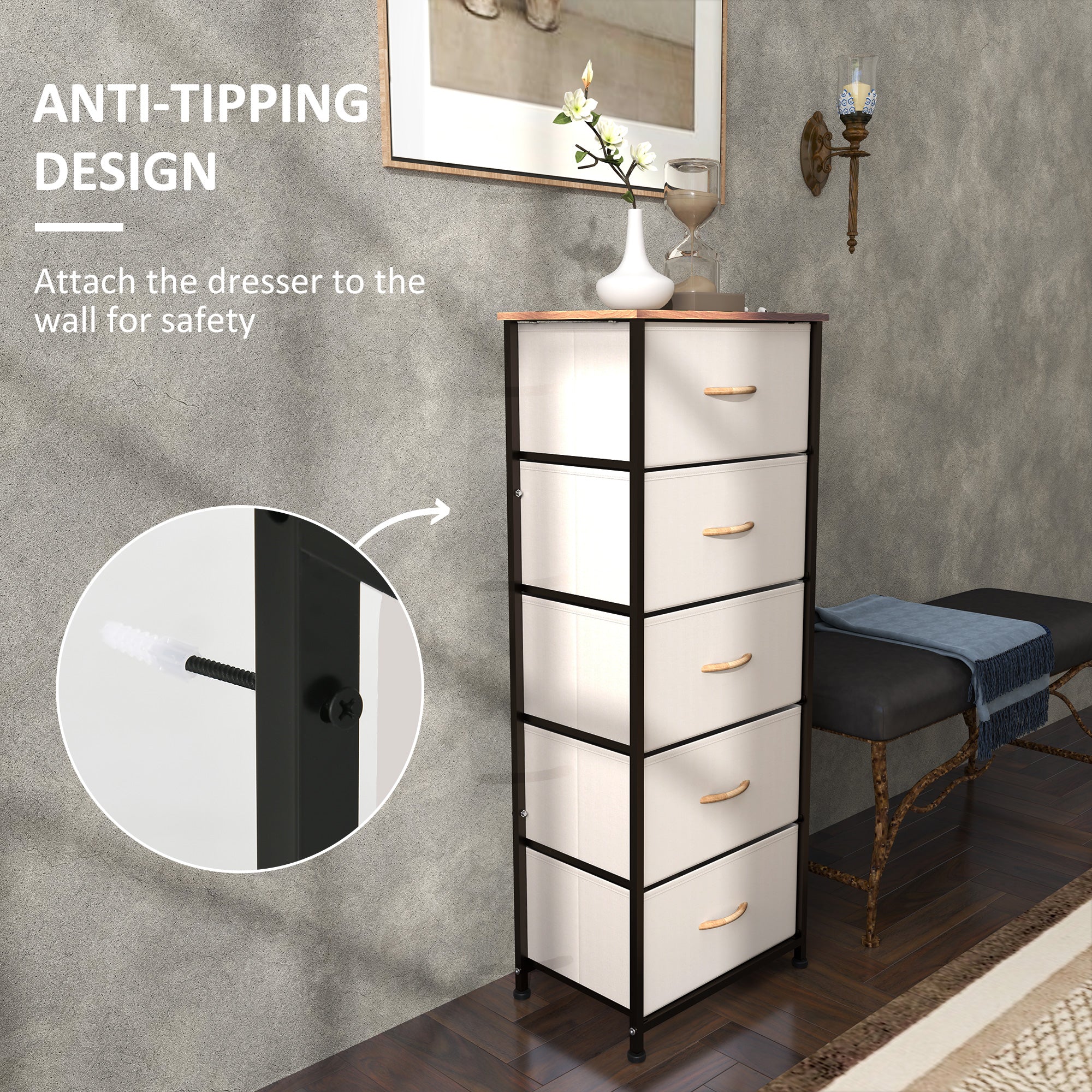 HOMCOM Fabric Chest of Drawers, Storage Drawers, Industrial Bedroom Dresser with 5 Fabric Drawers, Steel Frame and Wooden Top for Nursery, Living Room, Hallway, Cream White - North Peak Garden Furniture