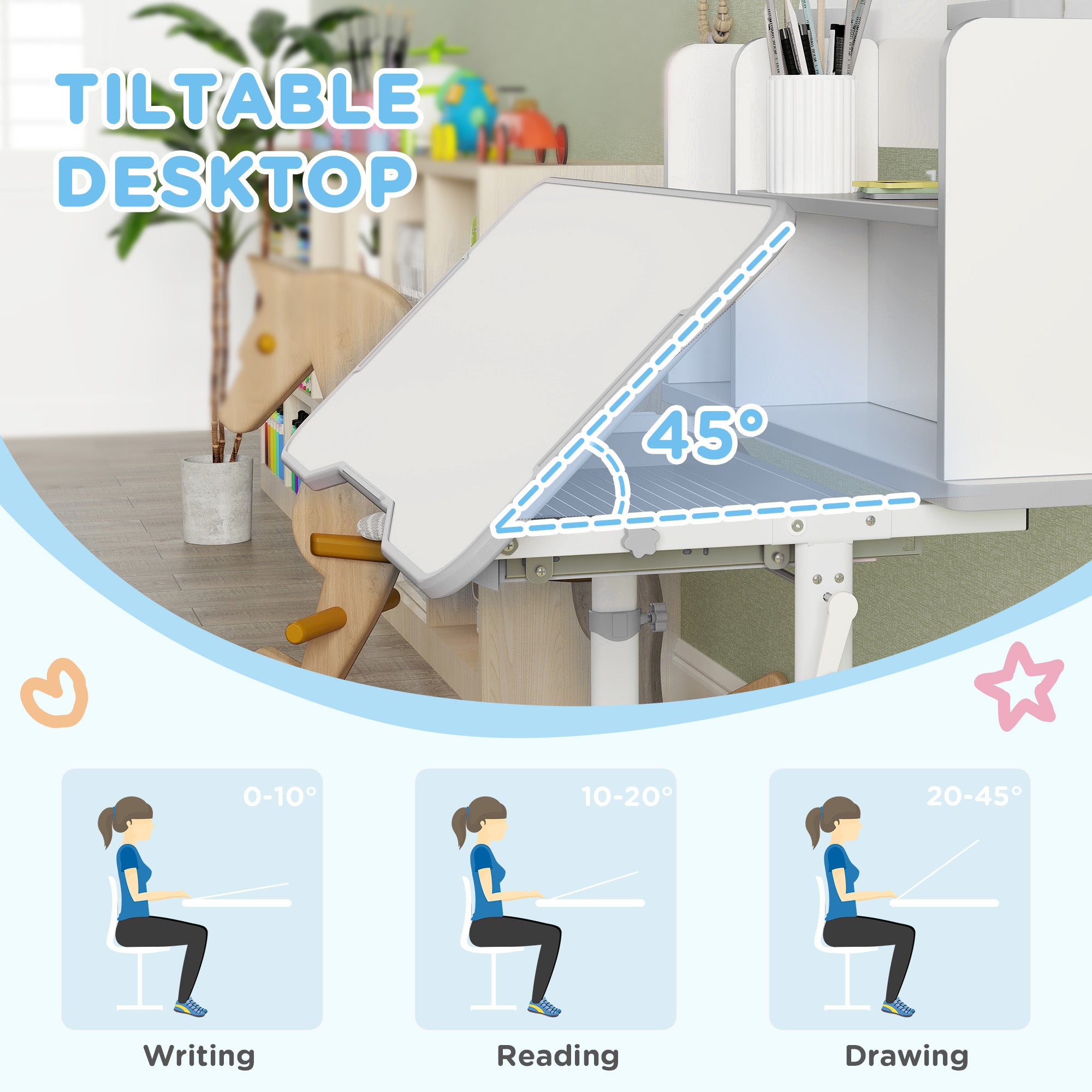 AIYAPLAY Height Adjustable Kids Desk and Chair Set, Children School Study Desk with Tiltable Desktop, Reading Rack, Grey - North Peak Garden Furniture