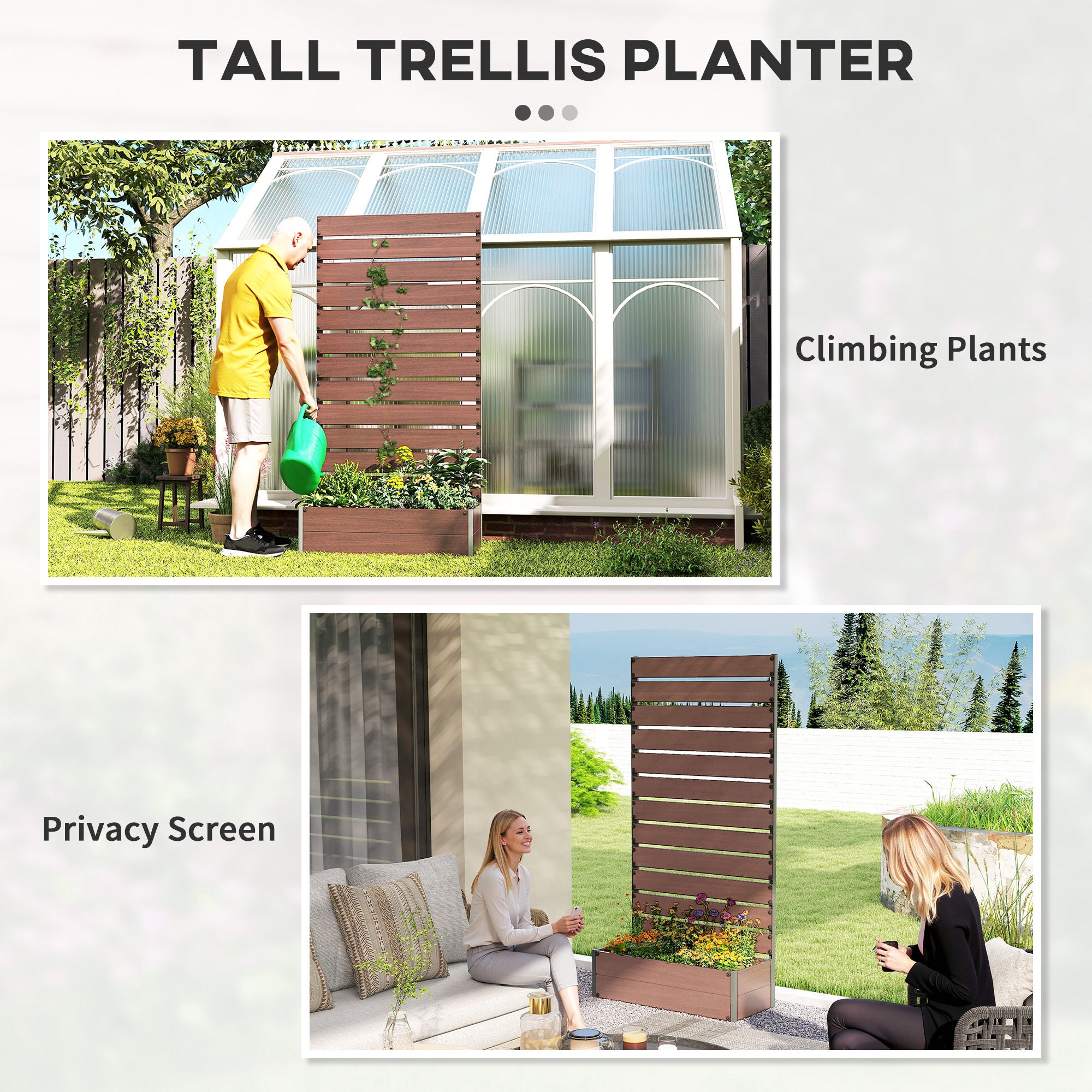 Outsunny Raised Bed for Garden, Planter with Trellis for Climbing Plants, Vines, Planter Box with Drainage Gap, Light Brown