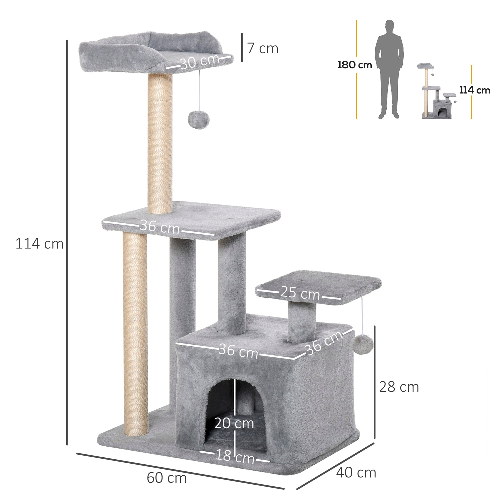 PawHut Feline Fun Tower: 114cm Tall Activity Centre with Scratching Posts, Perch, Dangling Ball & Condo, Light Grey