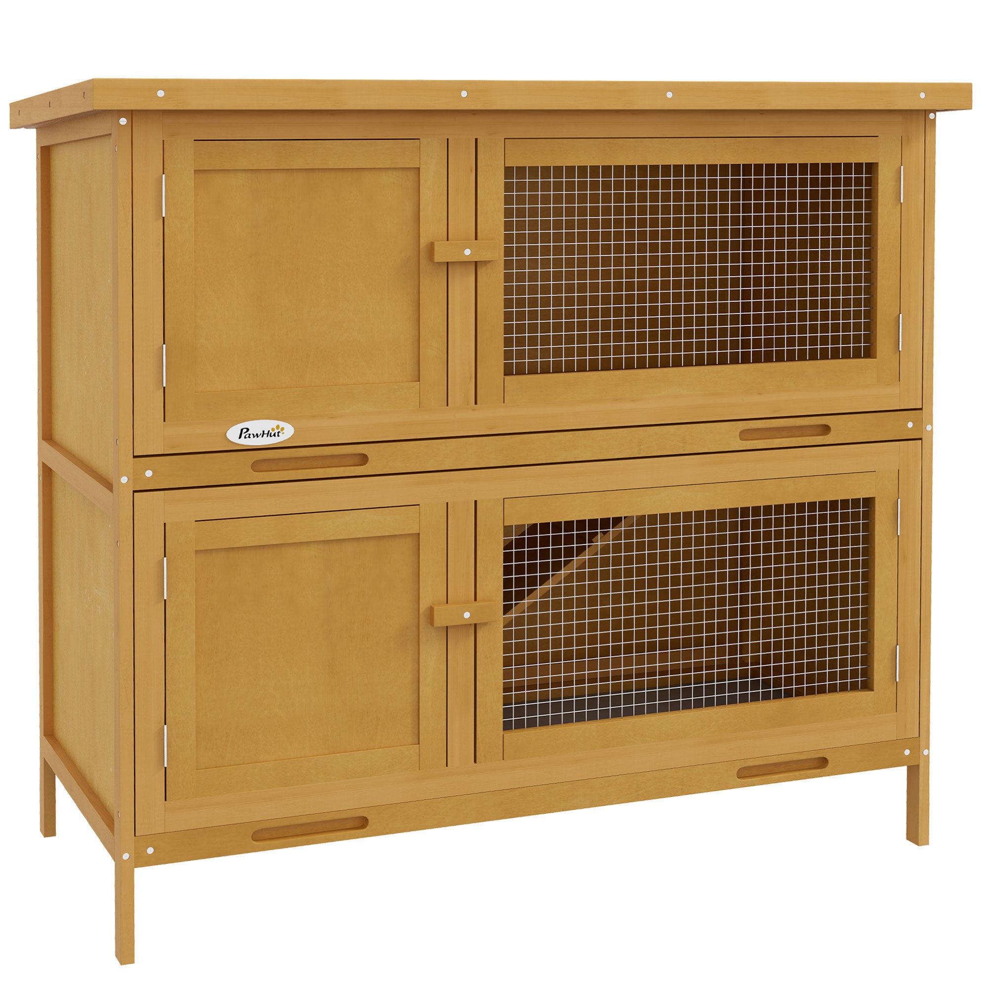 PawHut Double Decker Rabbit Hutch 2 Tier Guinea Pig House Pet Cage Outdoor with Sliding-out Tray, 100 x 47 x 91cm, Yellow - North Peak Garden Furniture