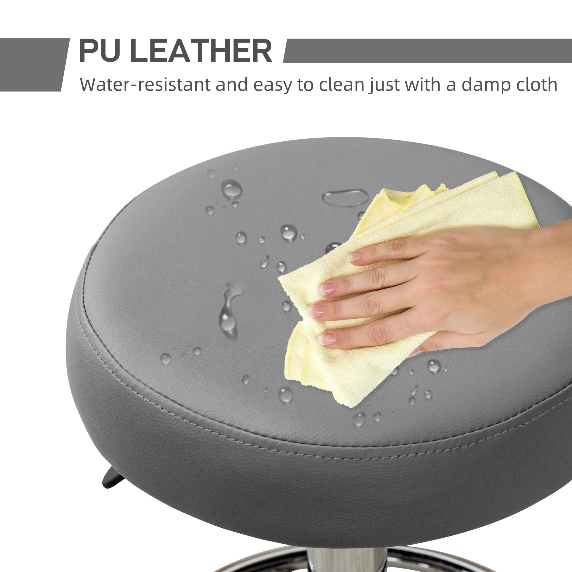 Vinsetto PU Leather Rolling Stool, Height Adjustable Stool Chair with Wheels for Salon, Massage, Spa, Grey - North Peak Garden Furniture
