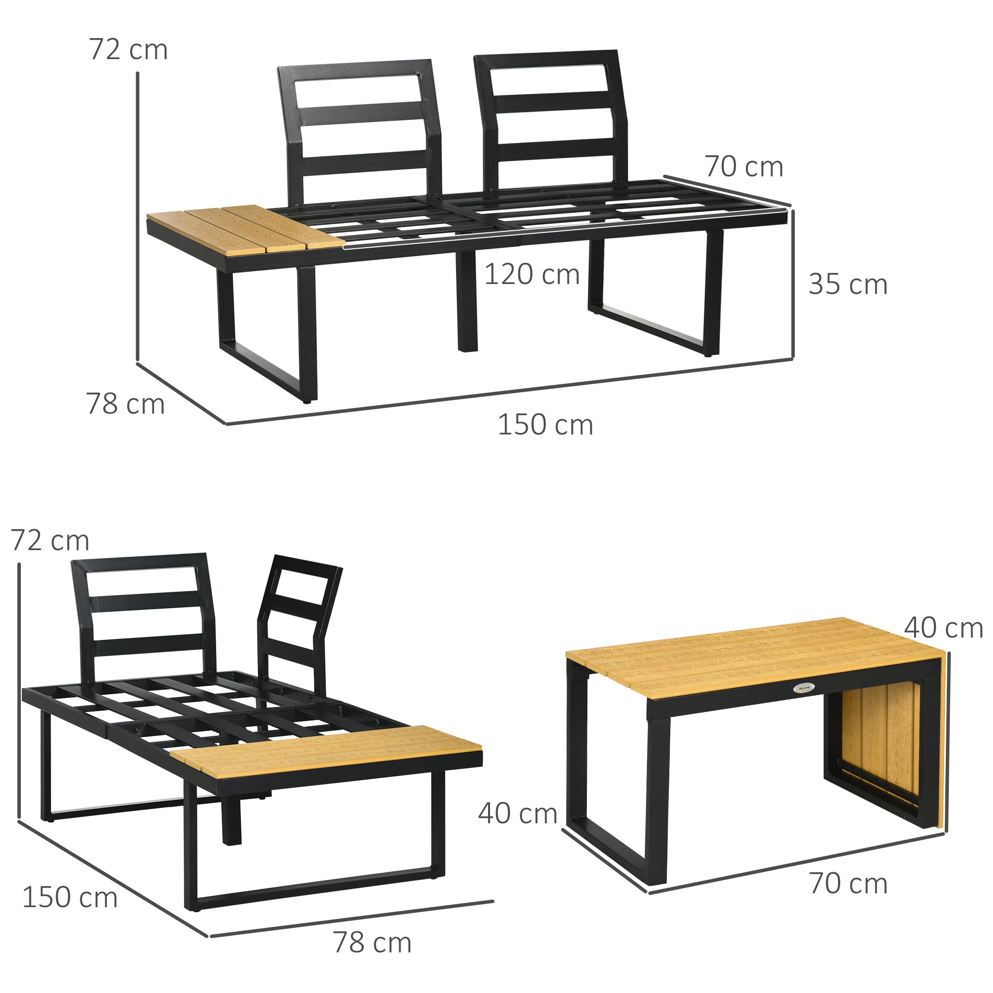 Outsunny 3 Pieces Patio Furniture Set, Outdoor Garden Sofa Conversation Set w/ Padded Cushions, Wood Grain Plastic Top Table and Side Panel, Dark Grey - North Peak Garden Furniture