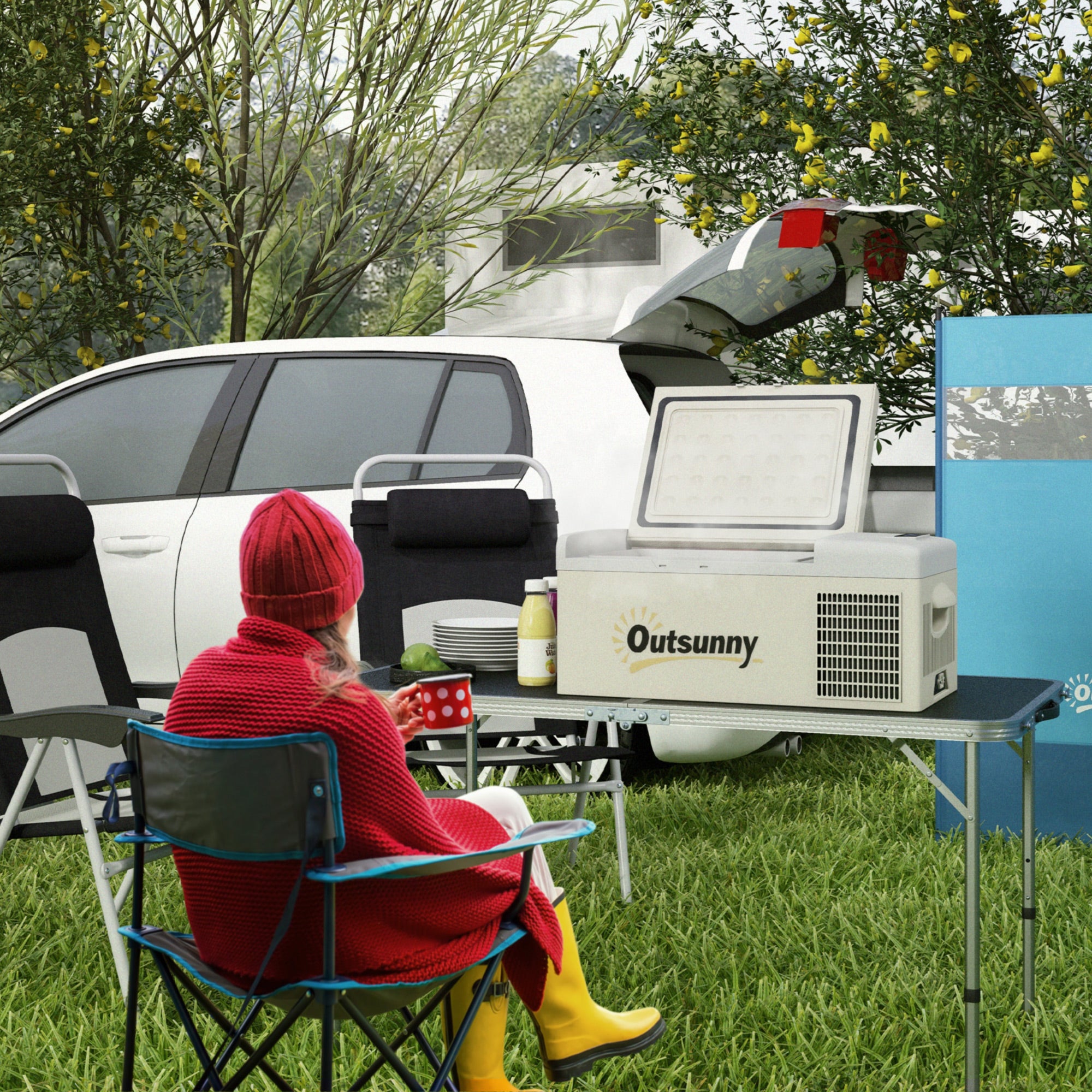 Outsunny 16L Portable Car Fridge, -20℃ to 10℃ Adjustable Temperature - Khaki/Grey - North Peak Garden Furniture