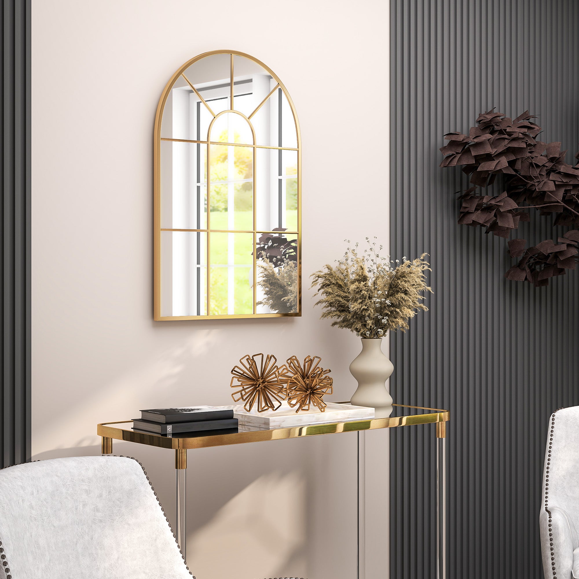 HOMCOM Modern Arched Wall Mirror, 91 x 60 cm Window Mirrors for Living Room, Bedroom, Gold Tone - North Peak Garden Furniture
