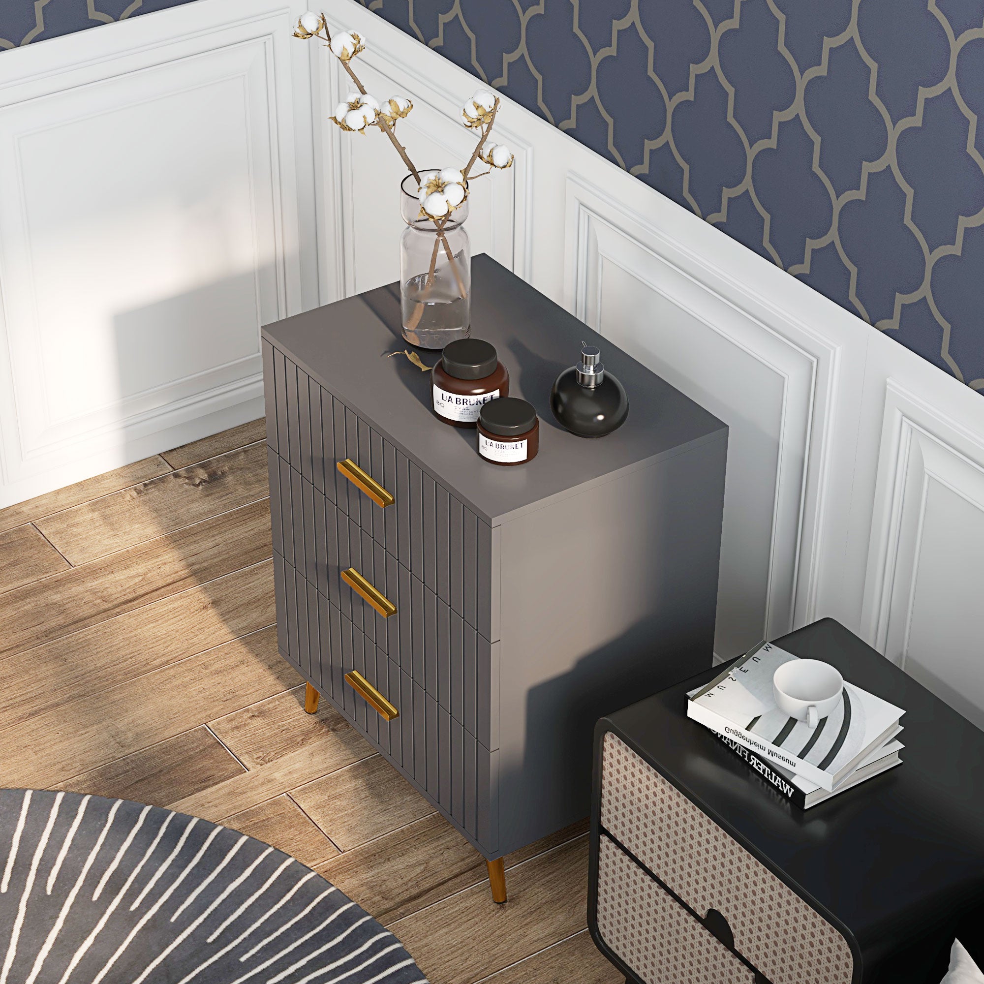 HOMCOM Three Drawer Embossed Line Dresser - Grey/Gold Tone