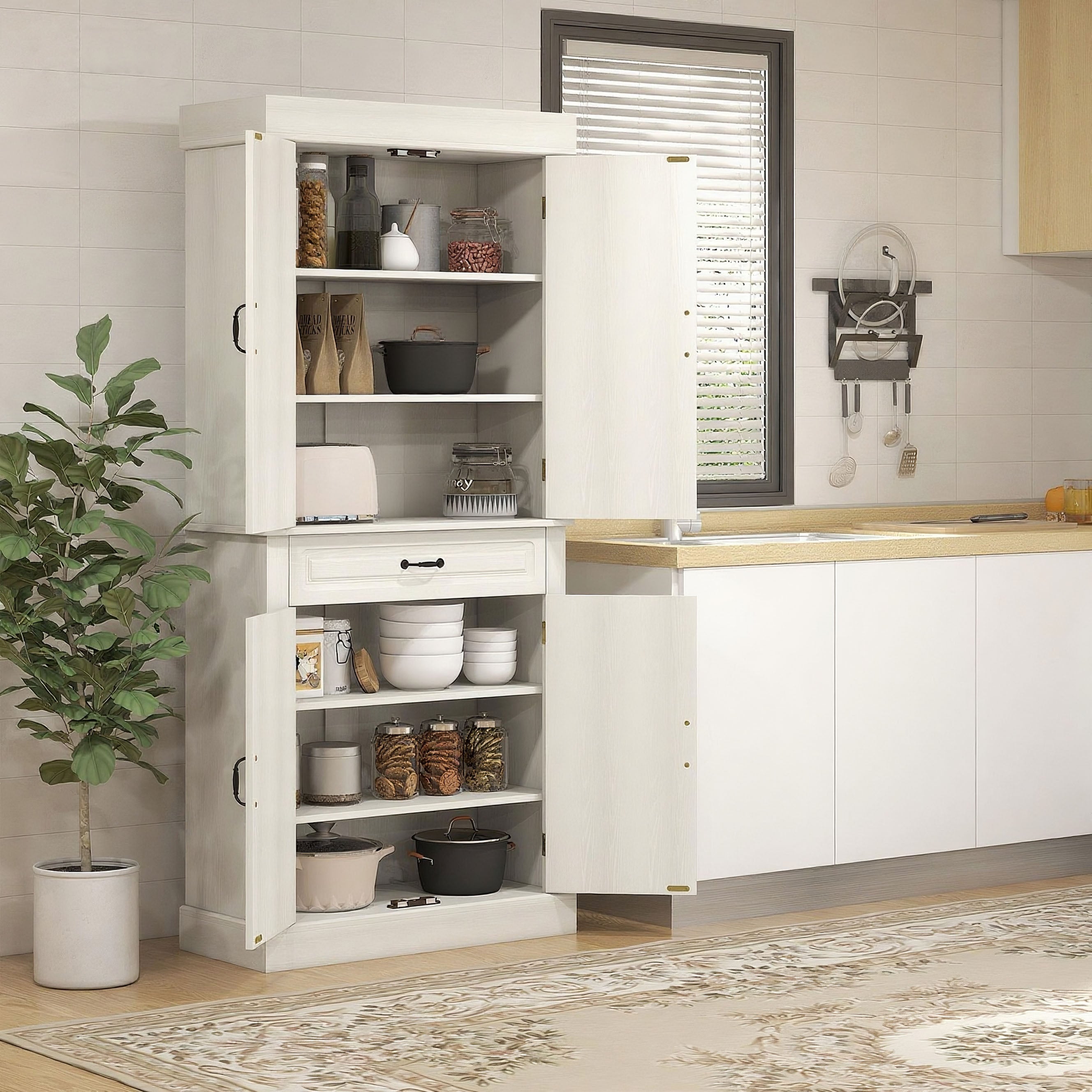 HOMCOM Kitchen Cupboard with 4 Doors, Freestanding Storage Cabinet with Wide Drawer and Shelves for Living Room, 180cm, White Wood Grain