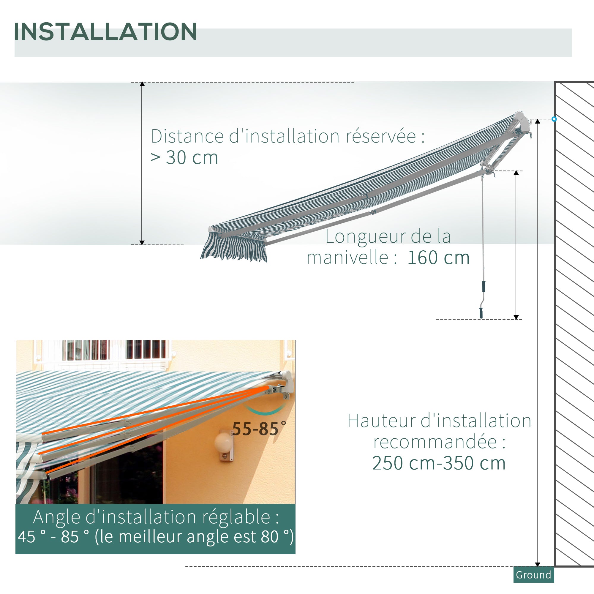 Outsunny 4m x 3(m) Garden Patio Manual Awning Canopy Sun Shade Shelter Retractable Green and White