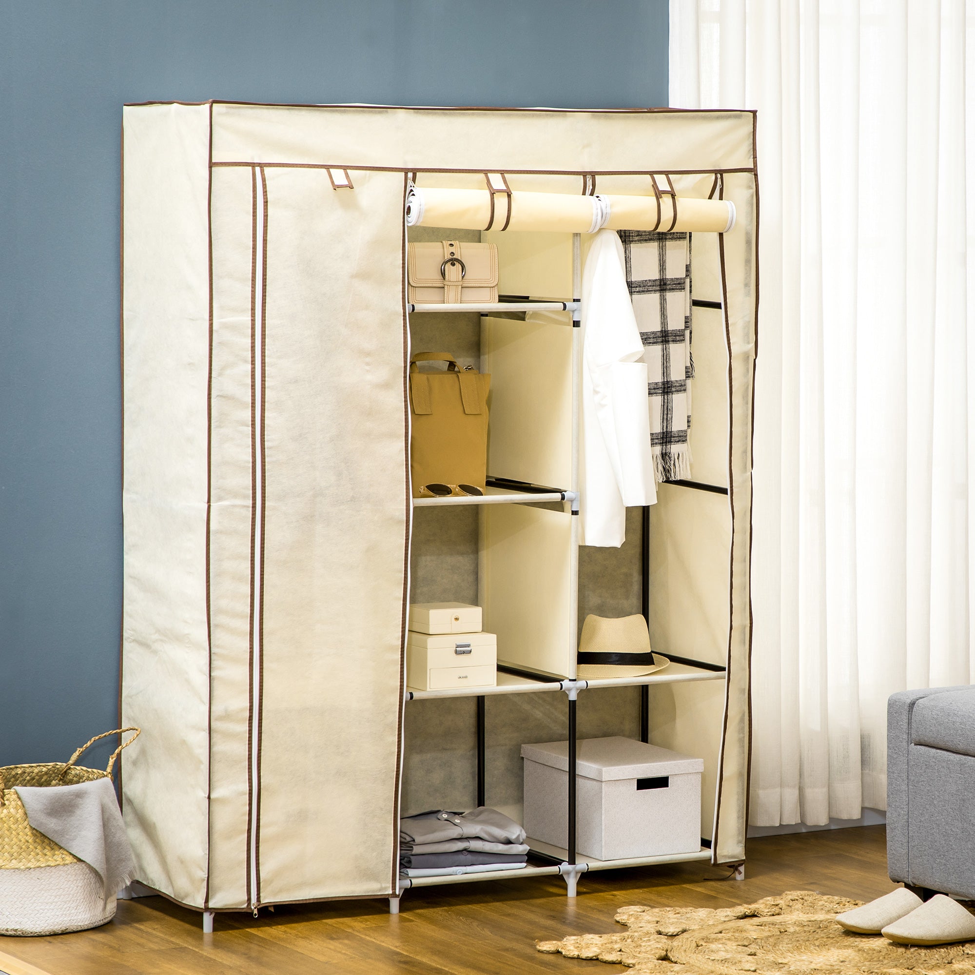 HOMCOM Fabric Wardrobe, Portable Wardrobe, Clothes Storage Unit with 8 Shelves, 2 Hanging Rods, 125 x 43 x 162.5 cm, Cream White - North Peak Garden Furniture