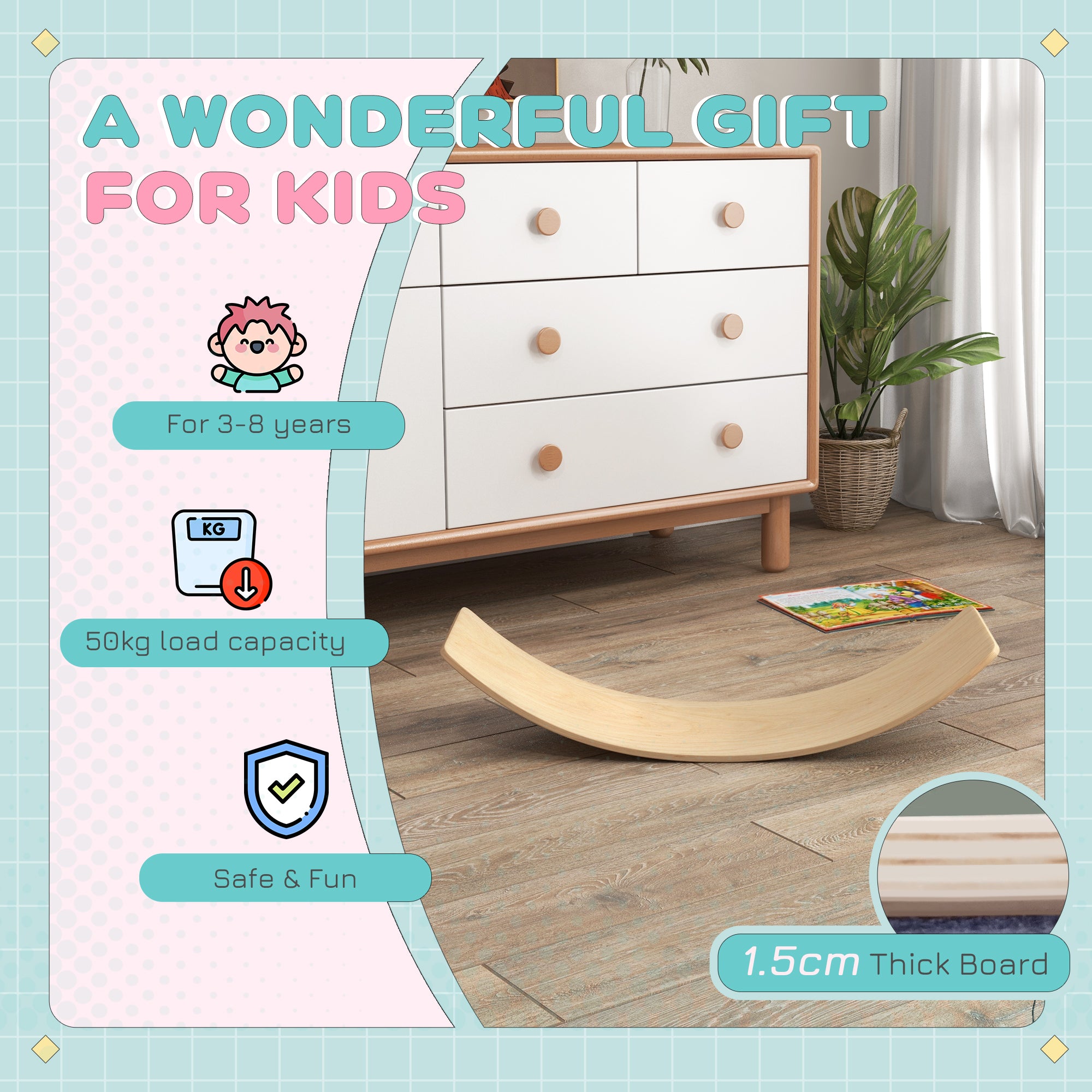 AIYAPLAY Wooden Balance Board for Children 3-8 Years Old, Natural - North Peak Garden Furniture