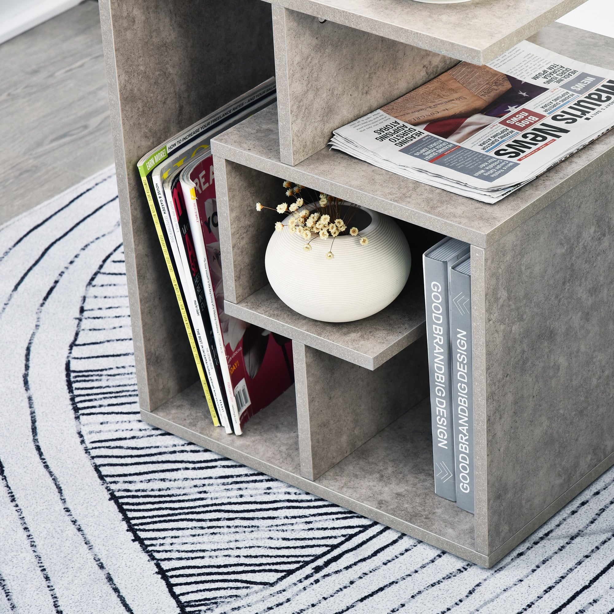 HOMCOM Side Table, 3 Tier End Table with Open Storage Shelves, Living Room Coffee Table Organiser Unit, Cement Colour - North Peak Garden Furniture