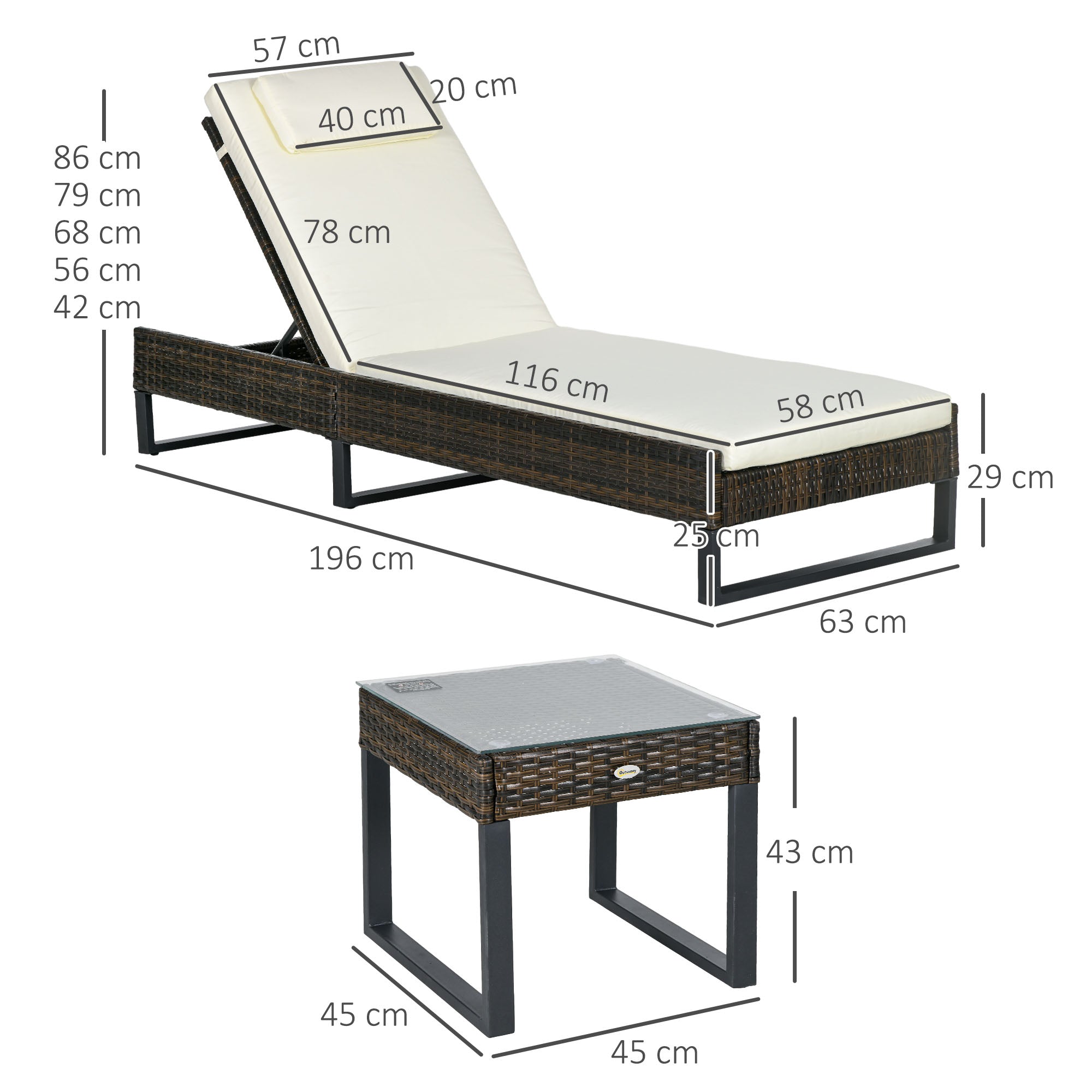 Outsunny Three-Piece Reclining Lounger Set, with Glass-Top Table - Cream