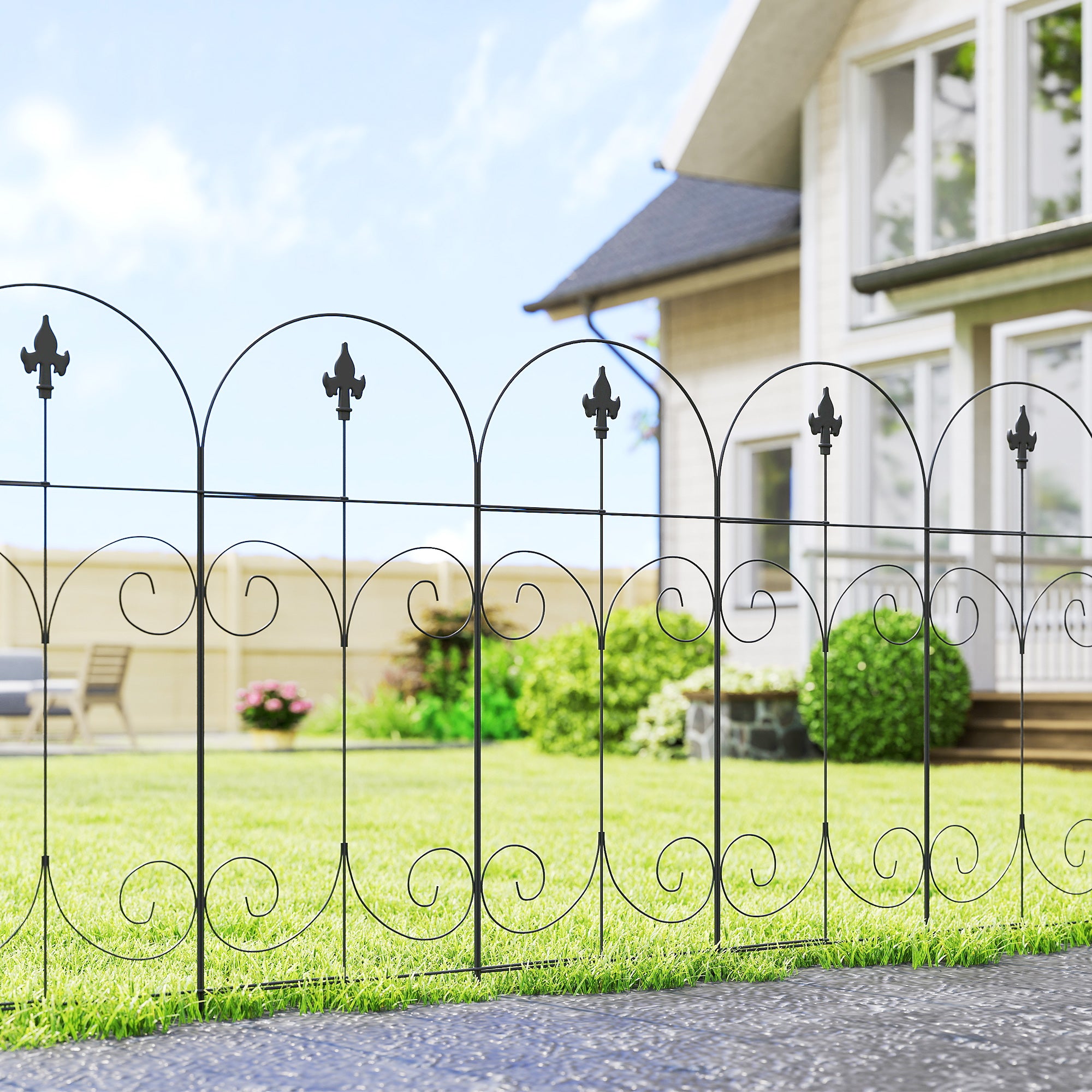 Outsunny Decorative Garden Fencing, 8PCs 44in x 12.5ft Outdoor Picket Fence Panels, Rustproof Metal Wire Landscape Flower Bed Border Edging, Black