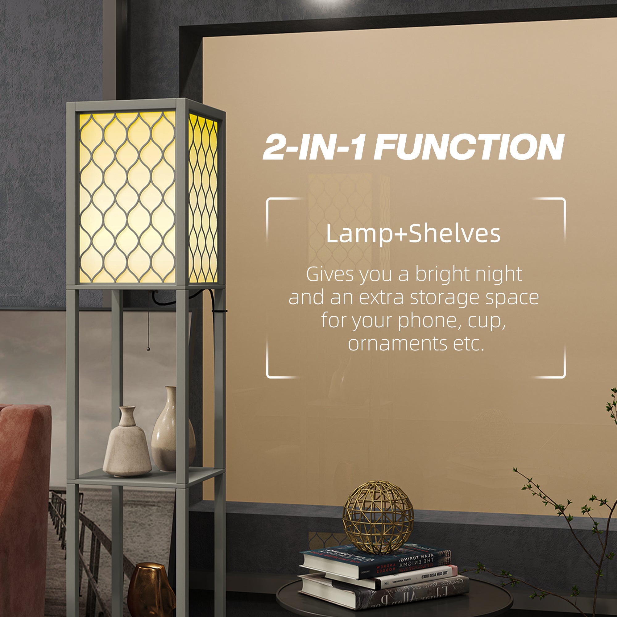 HOMCOM Floor Lamp with Shelves, Dual Light, Modern Tall Standing Lamps, with Pull Chain Switch (Bulb not Included), Light Grey - North Peak Garden Furniture