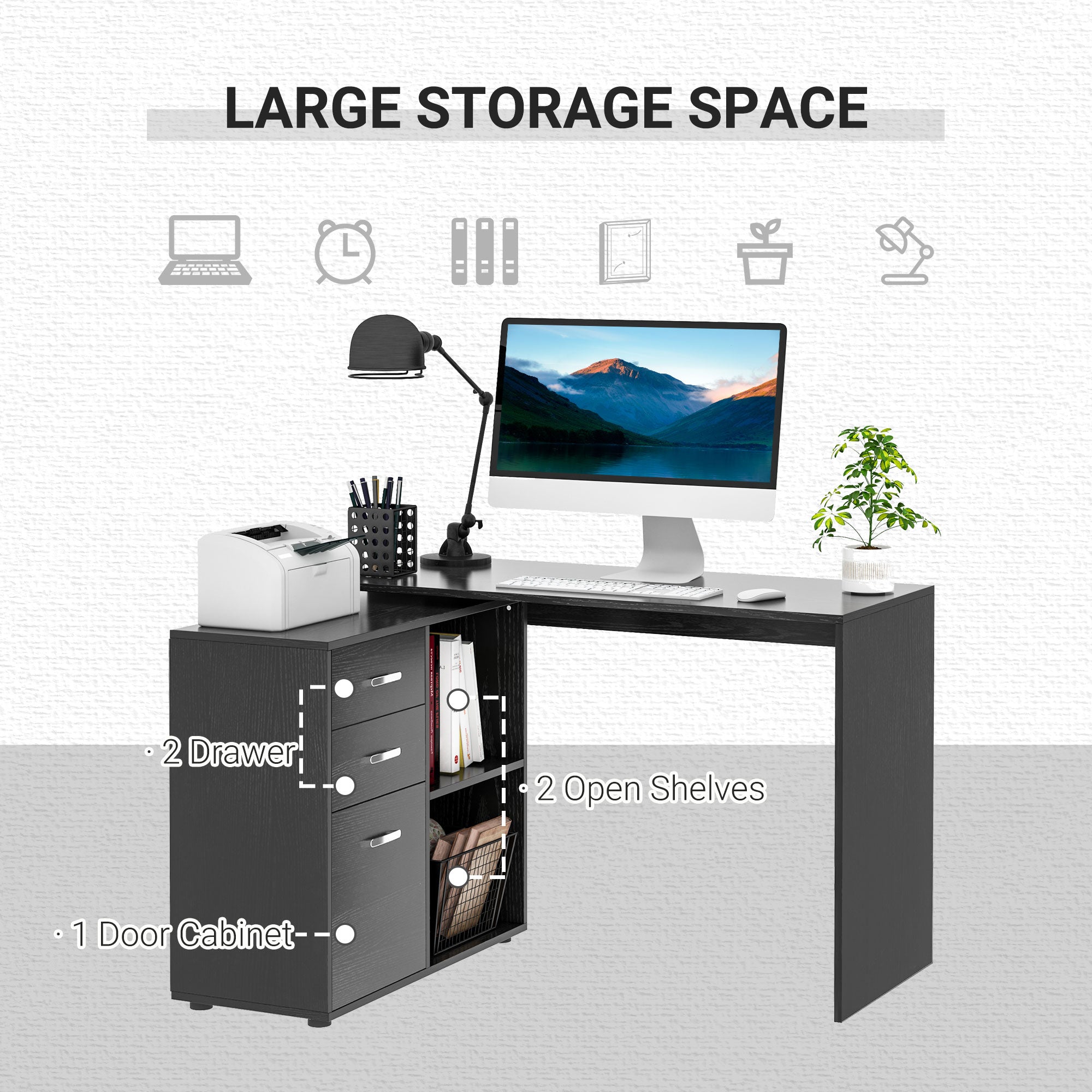 HOMCOM L-Shaped Computer Desk, 2 Shaped Corner Desk with Drawers, File Cabinet and Storage Shelves, Home Office Desk, 117 x 83.5 x 76cm, Black - North Peak Garden Furniture