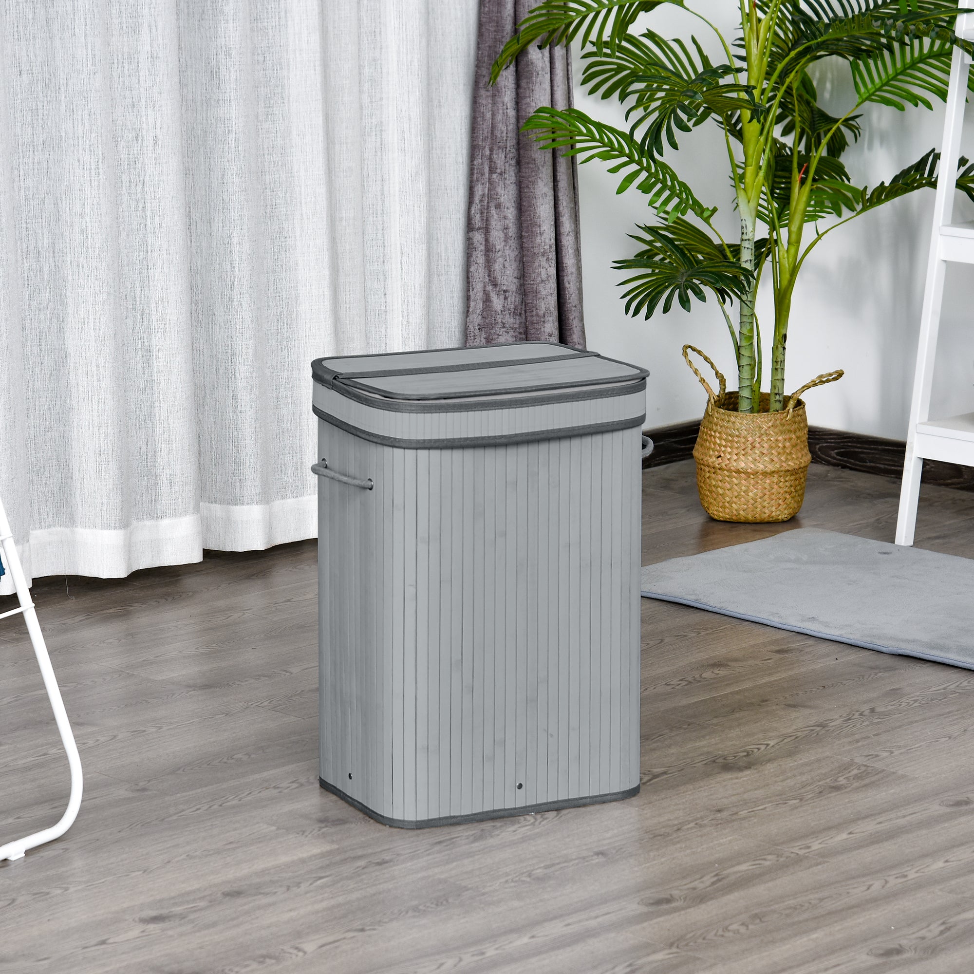 HOMCOM 70L Natural Wood Laundry Basket A Compartment w/Flip Lid Removable Lining Handles Board Base Foldable Durable Water-Resistant Dirty Clothes Storage Home Organisation Grey - North Peak Garden Furniture