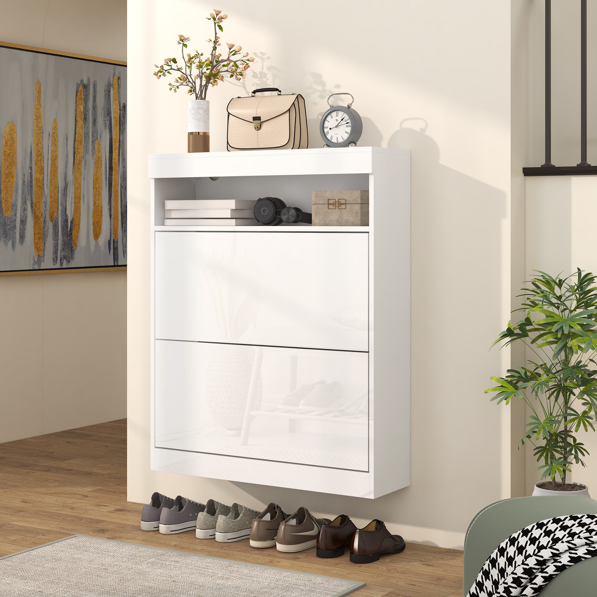 HOMCOM 16 Shoe Pair Storage Cabinet, with Flip Doors - High Gloss White - North Peak Garden Furniture