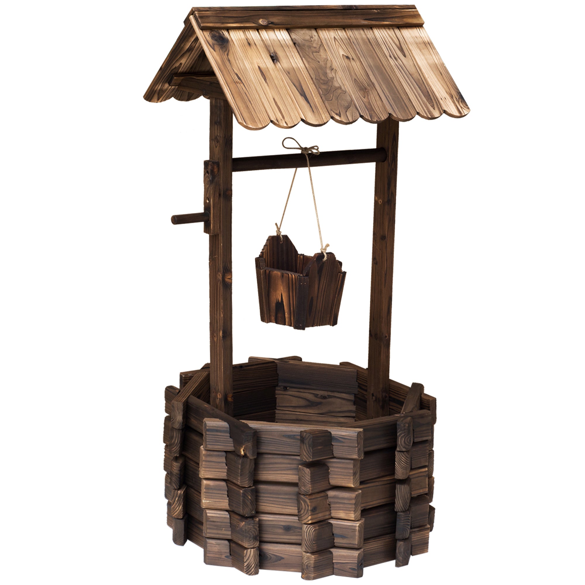 Outsunny Wooden Wishing Well Planter Outdoor Flower Pot Backyard Garden Decor w/ Bucket