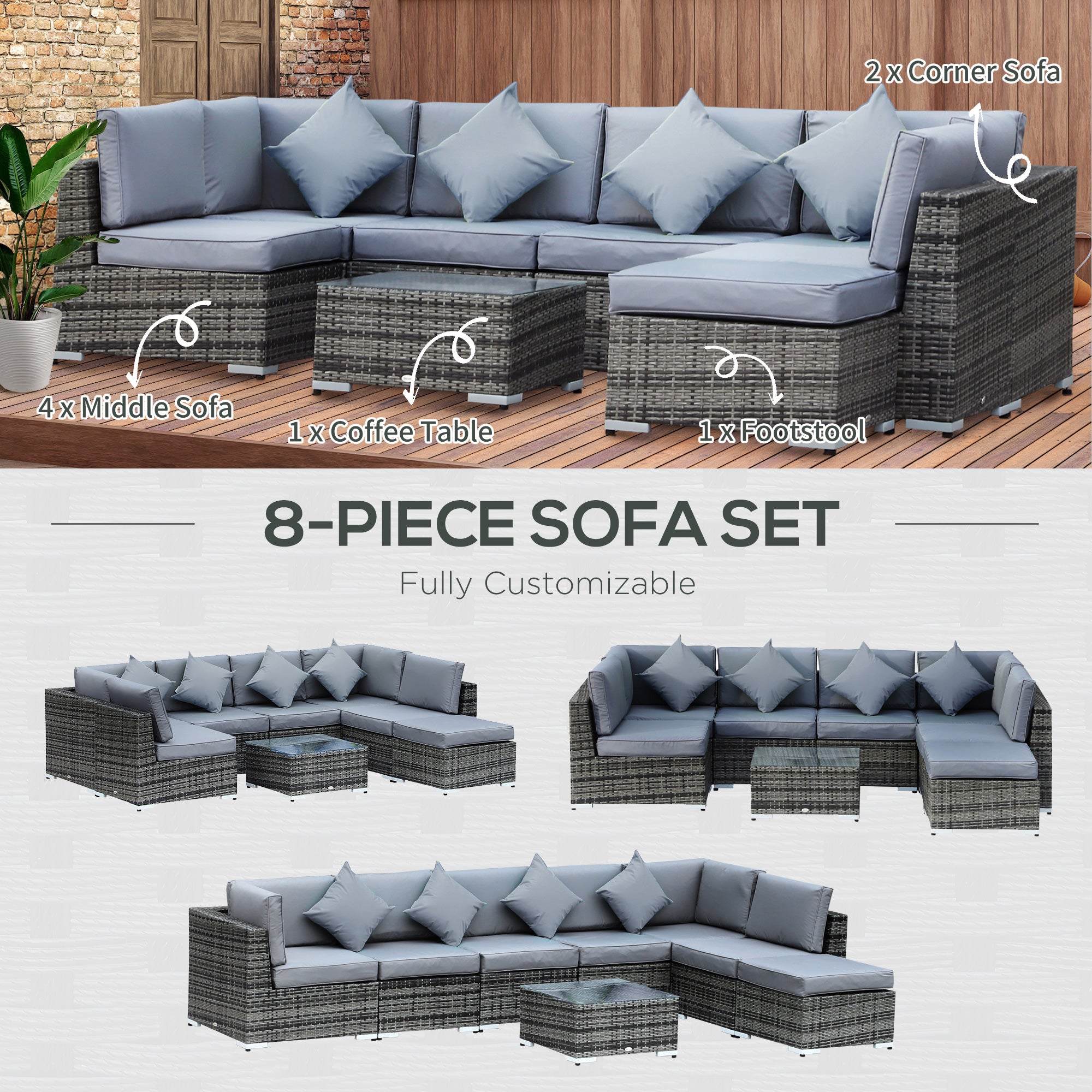 Outsunny 8 Pieces PE Rattan Corner Sofa Set with Thick Cushions, Aluminium Outdoor Rattan Garden Furniture Set with Glass Top Table, No Assembly Required, Grey - North Peak Garden Furniture
