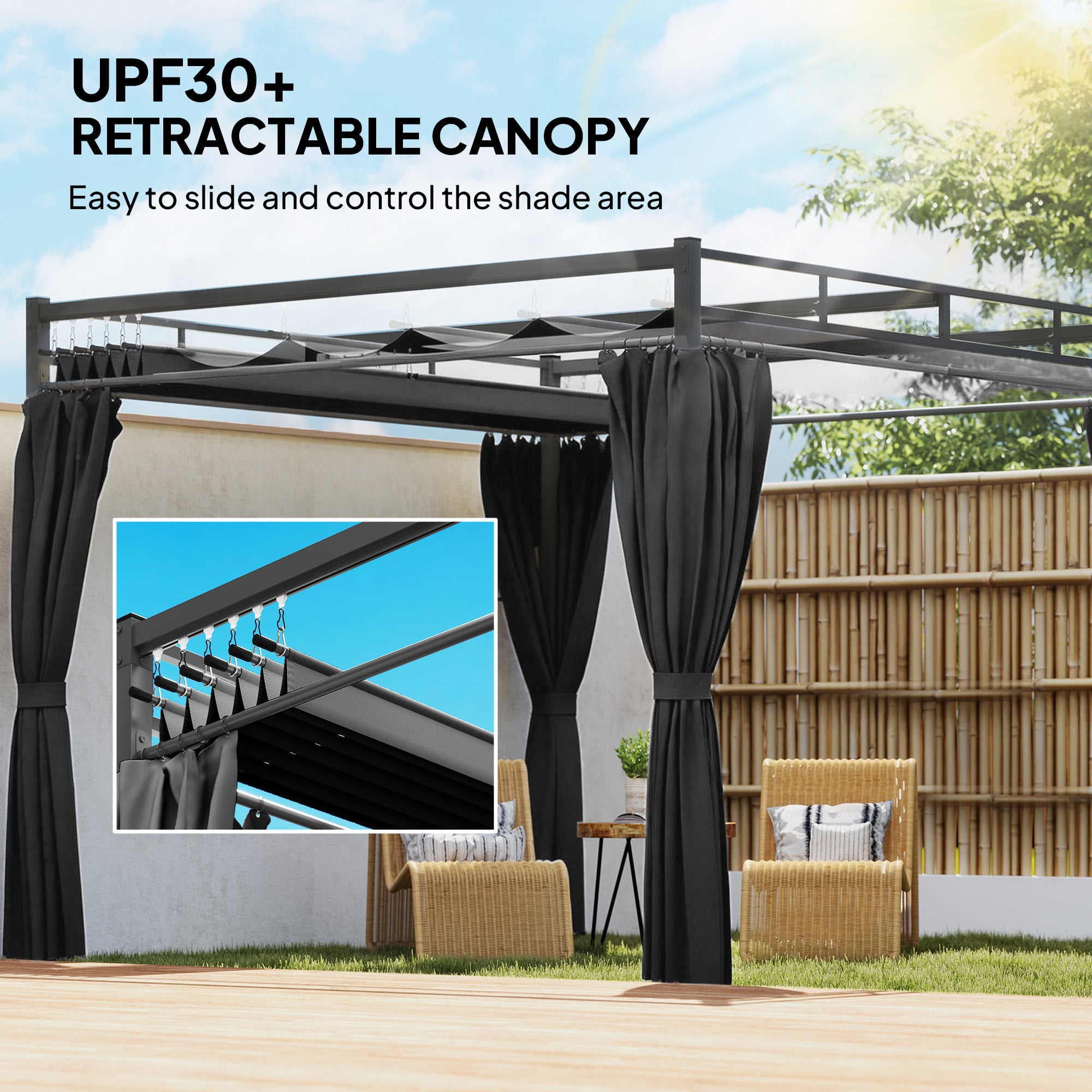 Outsunny 3 x 3 m Pergola with Retractable Roof Canopy and Curtains, UPF30+ Metal Frame Garden Pergola Gazebo Sun Shade, Dark Grey