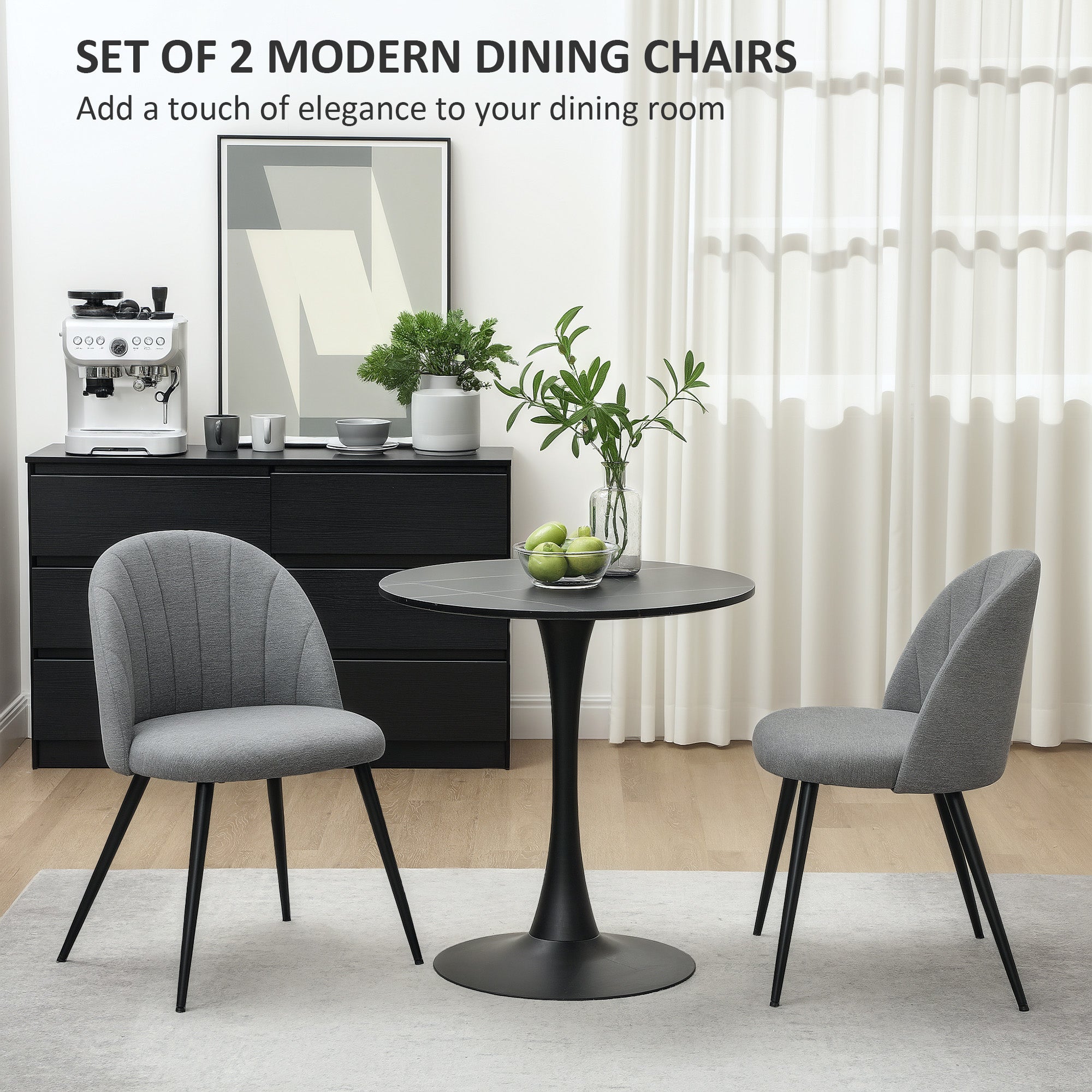 HOMCOM Velvet Dining Chairs Set of 2, Modern Upholstered Kitchen Chairs with Metal Legs, Shell Backrest and Padded Seat for Dining Room, Bedroom, Living Room, Vanity, Grey - North Peak Garden Furniture
