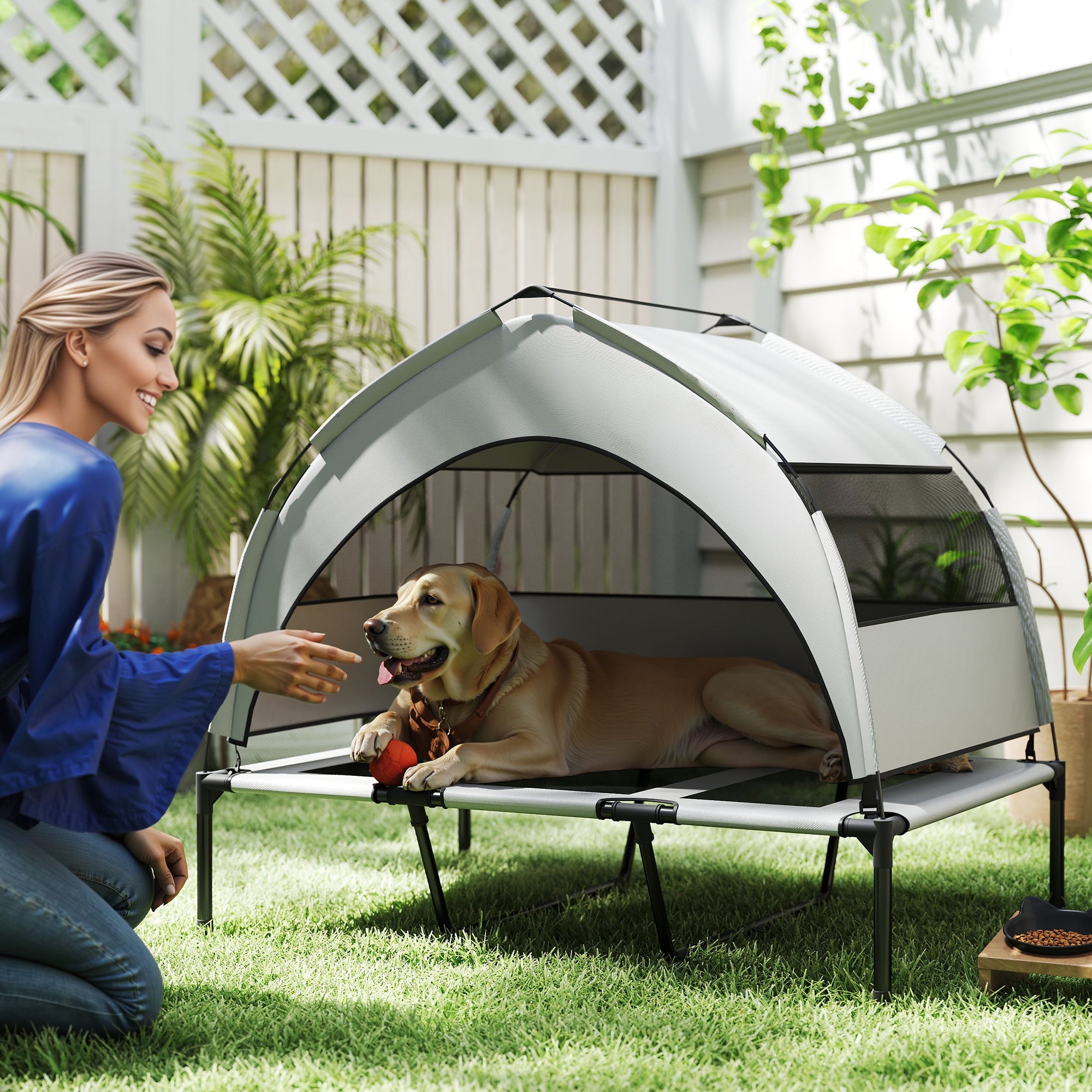 PawHut Portable Elevated Dog Bed with Removable Canopy, Cooling Raised Pet Cot for Large Dogs, 106 x 76 x 94 cm - North Peak Garden Furniture